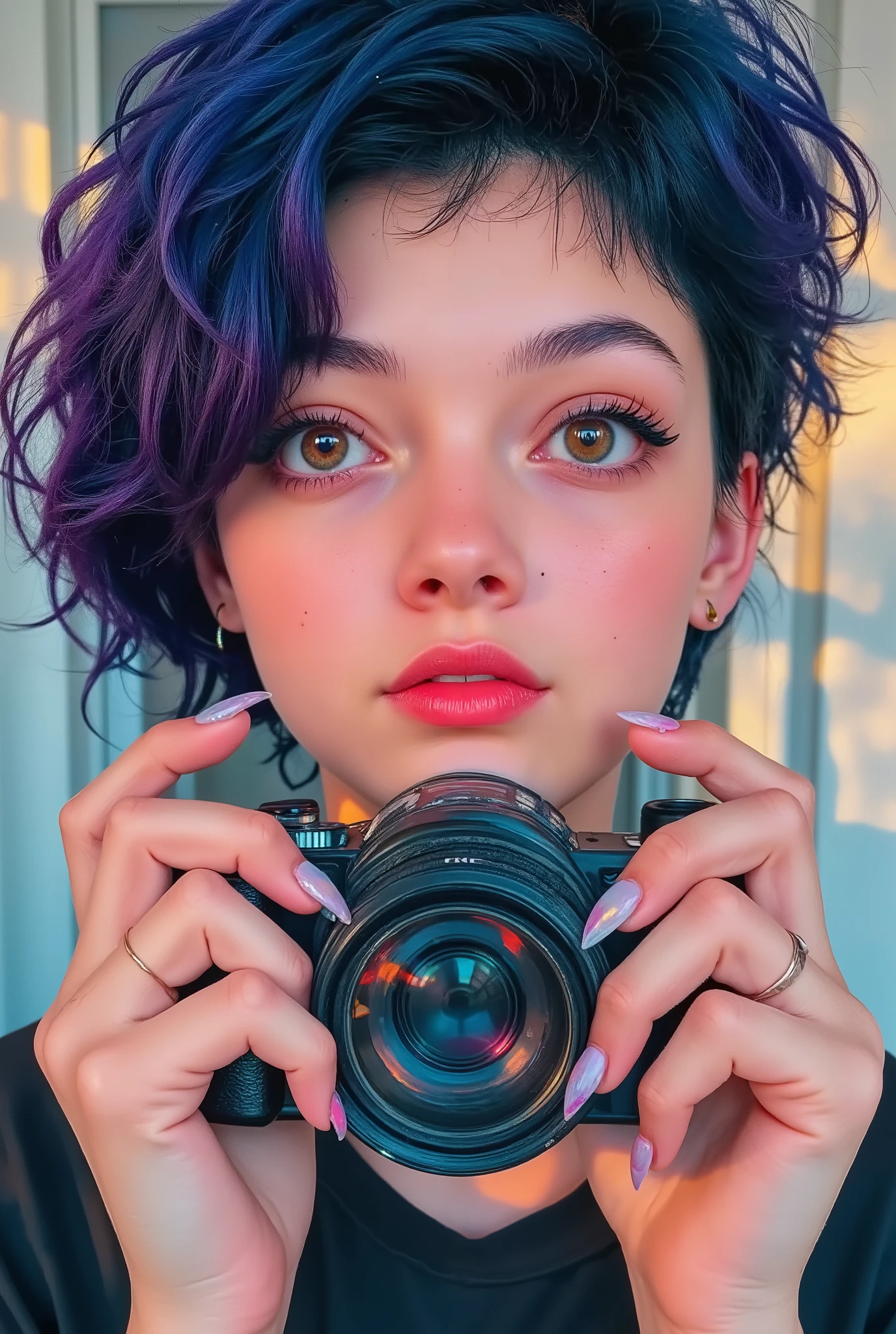 beautiful hands, transparent nails, glossy nails, a girl with short hair that looks like a boy, black hair, detailed eyes, nose, lips and, in simple clothes, holding a camera in one hand, the other hand near her face.camera (highest quality, 4K, 8k, high resolution, masterpiece: 1.2), super detailed,high resolution, studio lighting, highly detailed face, Portrait, cinematic lighting, Spectacular lighting, Vibrant colors, illustrations, vibrant colors, stylish anime ,
