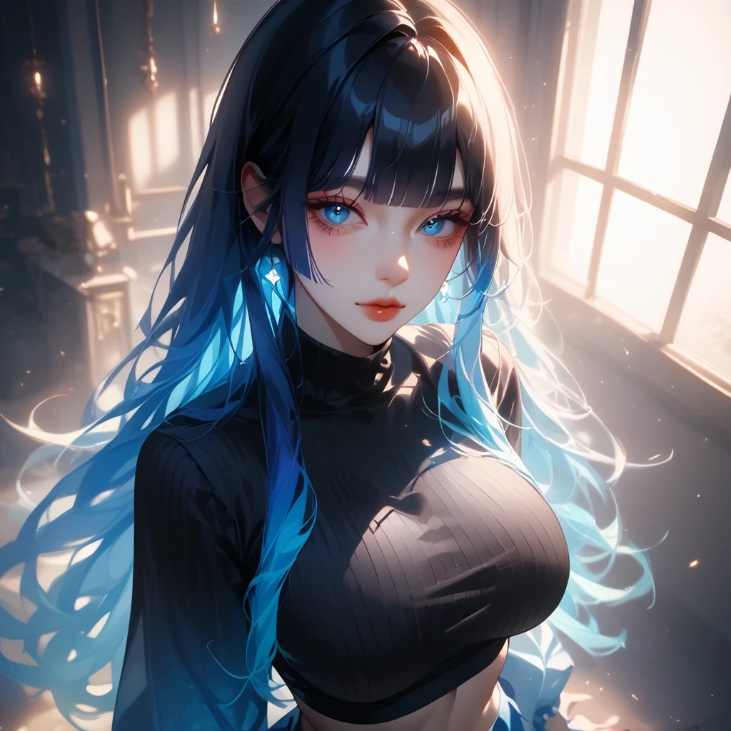 ((pastel blue black, hair, gradient hair ), best quality 、 Masterpiece、( professional lighting )、 surreal、( wearing high heels) , Charming、 slender supermodel 、 one adult female , ((from above, upper body, look at viewer), (slightly larger breasts, midriff peek ), (oily skin ), (Bright, beautiful blue eyes , ((hime cut, long hair)), (black ribbed dress、 Emphasize your breasts、Wide open , revealing clothes))) , ( beautiful face squinting in bright light ),