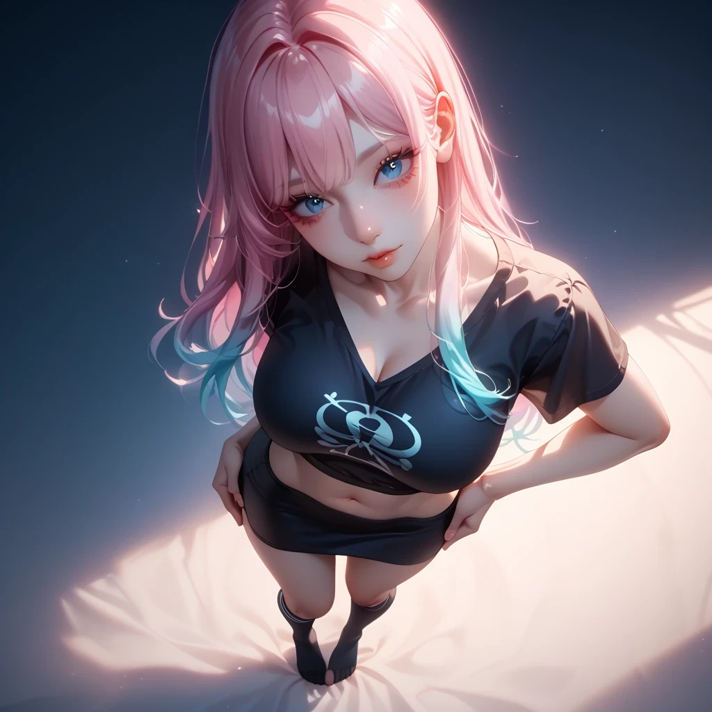 hand on own ass, (pastel white pink hair, gradient hair ), top quality、 Masterpiece、( professional lighting )、 surreal、 (Nipples:0.4), enchanting、 Slim waist、 1 girl, (full body, (Head-to-toe shot:1.4), full body shot, from front, from above,), ( slightly larger breasts, midriff peek ), ( oily skin ), ( bright, beautiful blue eyes , (( Princess cut, long hair , layer cut )), ( black mini tight skirt , black u neck t-shirt, cleavage visible ,(( punk style fashion))) , ( bright光の中で目を細める美しい顔 ), knee-high socks, having sex in the woods