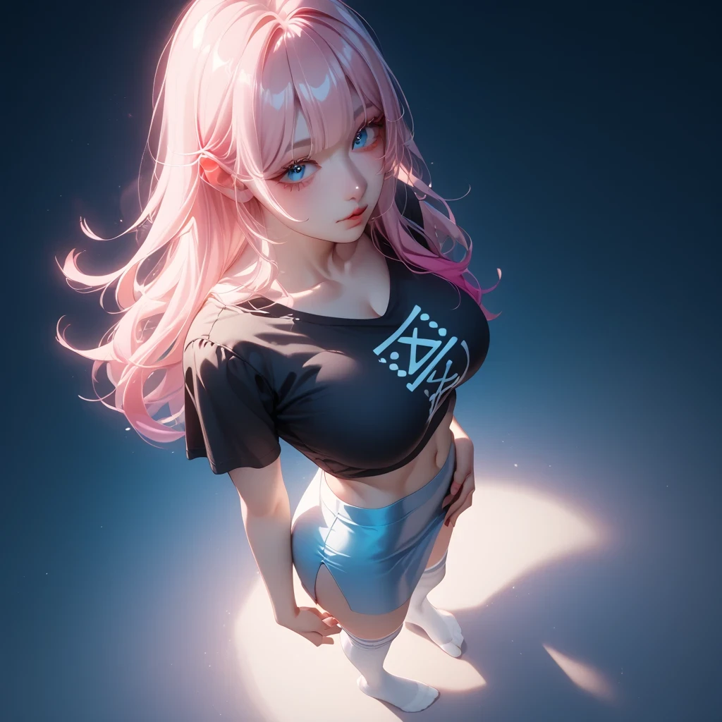 hand on own ass, (pastel white pink hair, gradient hair ), top quality、 Masterpiece、( professional lighting )、 surreal、 (Nipples:0.4), enchanting、 Slim waist、 1 girl, (full body, (Head-to-toe shot:1.4), full body shot, from front, from above,), ( slightly larger breasts, midriff peek ), ( oily skin ), ( bright, beautiful blue eyes , (( Princess cut, long hair , layer cut )), ( black mini tight skirt , black u neck t-shirt, cleavage visible ,(( punk style fashion))) , ( bright光の中で目を細める美しい顔 ), knee-high socks, having sex in the woods