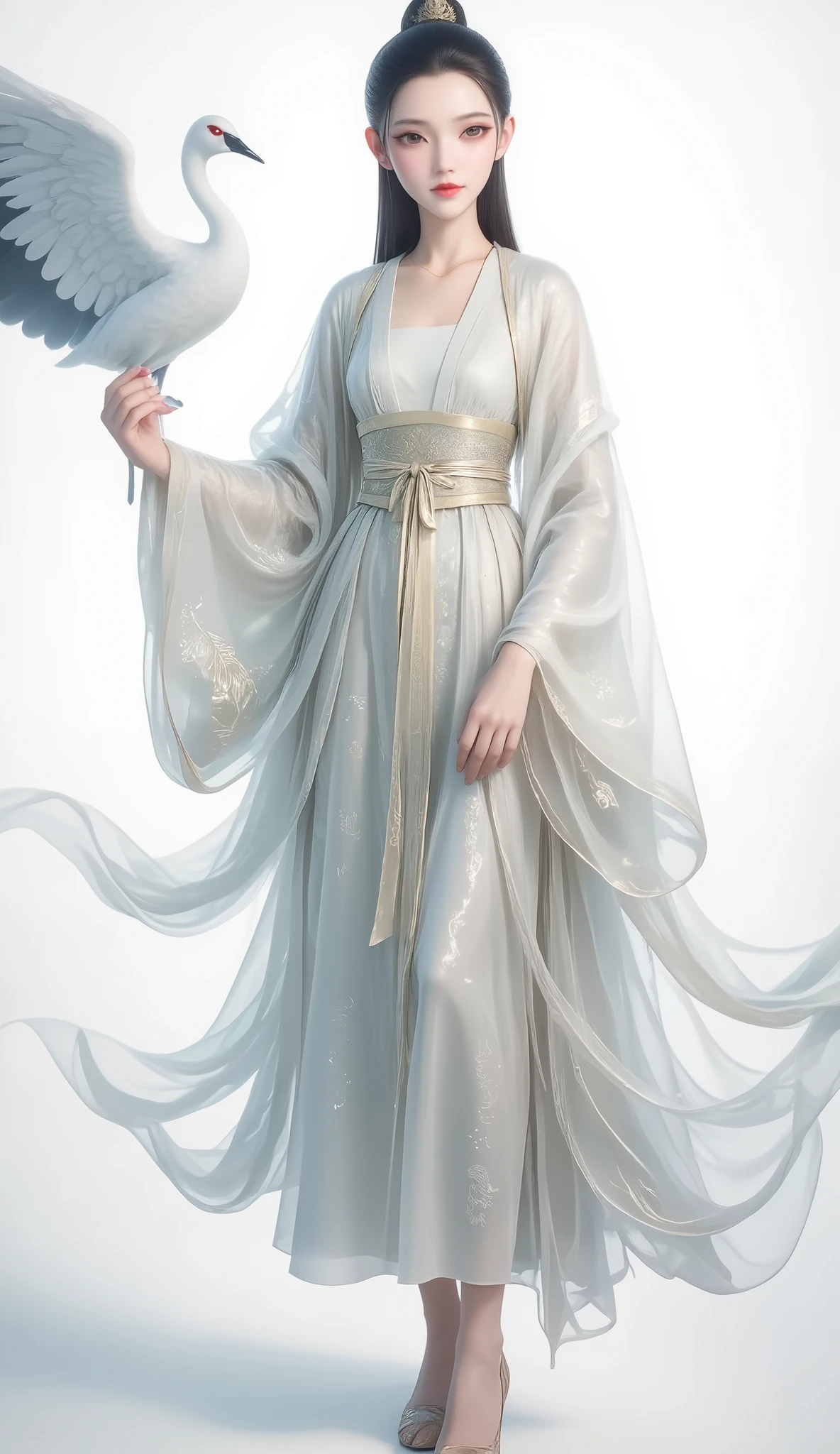a girl, Ancient Chinese clothing, full body, sunshine, Clear face, Clean White Background , masterpiece, super detailed, Epic Composition, Ultra HD, high quality, Extremely fine, Official Art , Clear 8k Wallpaper , super detailed, 32K,CG,crane girl,Stockings