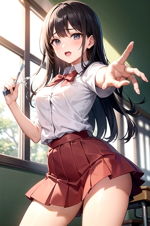 1girl in、Asuka、evangerion、8K、top-quality、校服、white  shirt、‎Classroom、A smile、Ultra Miniskirt、Show off panties、erectile nipple、look from down、dynamicposes