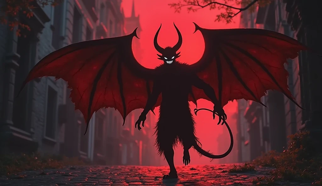 demon bat with arms and feet black fur and red eyes big wings full body