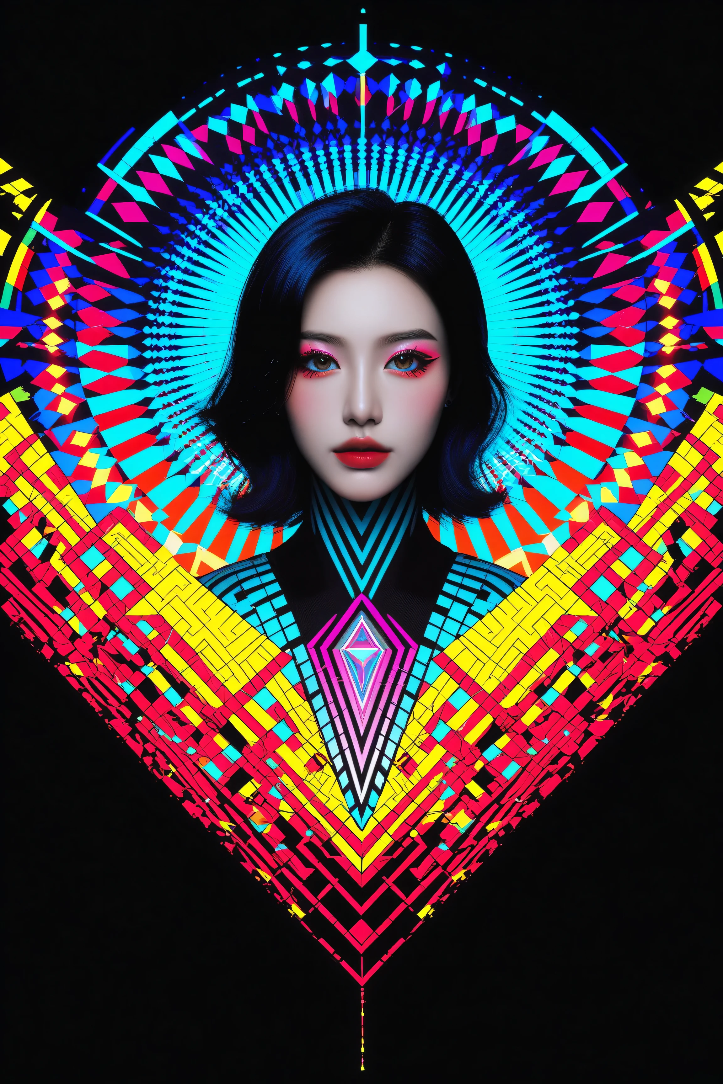 Abstract art,polka dots,colorful background,Japanese girl,long black hair,playful expression,traditional kimono,feminine style,paintbrushes,paint splatters,bright colors,modern twist,creative composition,geometric shapes,vibrant patterns,striking contrast,unique artwork,intricate details,dynamic energy,brushstrokes,fluid lines,contemporary interpretation,fusion of cultures,eye-catching design,innovative concepts,expressive emotions,visual impact,layered textures,harmonious blend,dotted accents,futuristic elements,ethereal beauty,transcendent atmosphere,state-of-the-art technique,mesmerizing visual experience,dreamlike ambiance.
