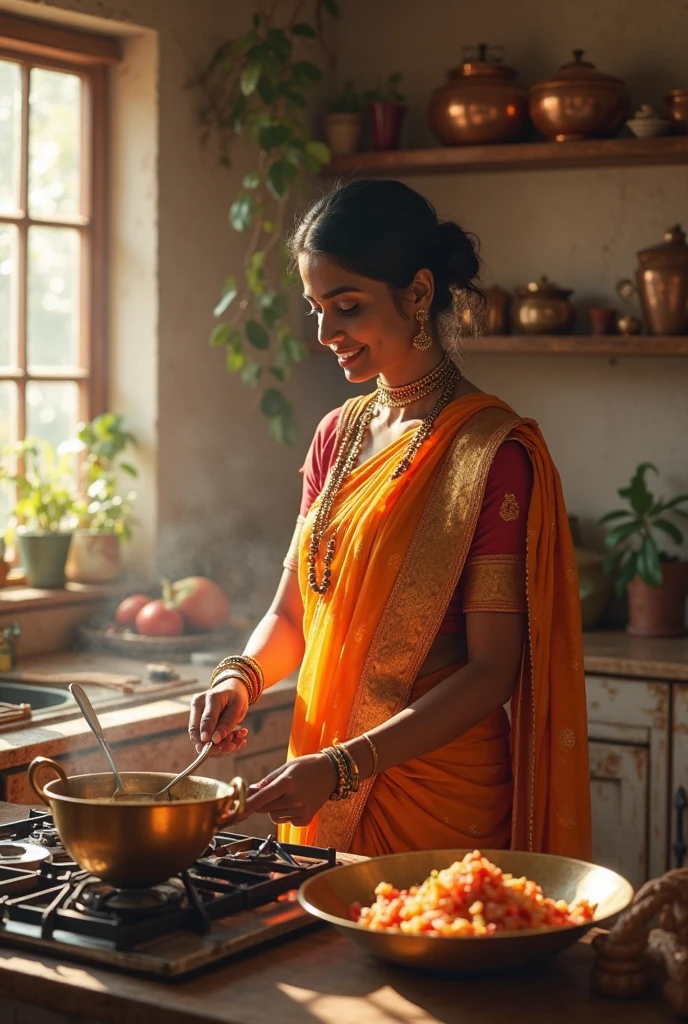 Morning scenario, 35 years old beautiful Tamil woman, preparing breakfast, inside a big indian kitchen, fully furnished, (wearing:1.6 saree, blouse, petticoat), (((mangalsutra))), (ultra realistic detailed:1.6 beautiful eyes & nose & ears & lips & curves & skin & body parts), tied black hair, eyes symmetry, face symmetry, (background:1.6 utensils, shelves, sink, stove, burners, littlefire on burner, dosa in a plate, mixie, plates, windows), full body shot from top
