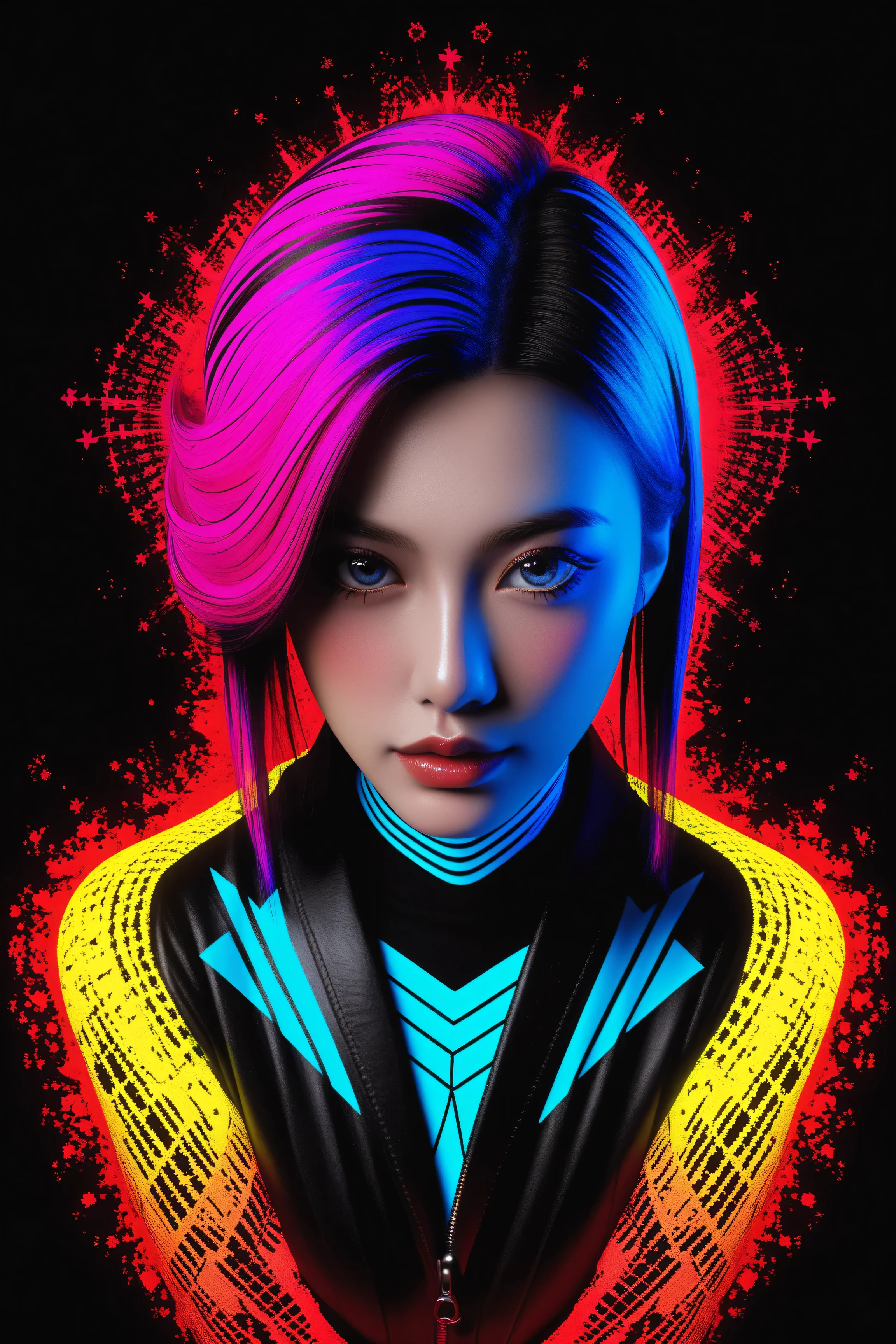 Expressionist artwork image of a kpop idol, portrait, korean woman, colorful, color splash, neon colors, make it weird and gallery worthy, psychedelic, 60s, trippy, robot girl,