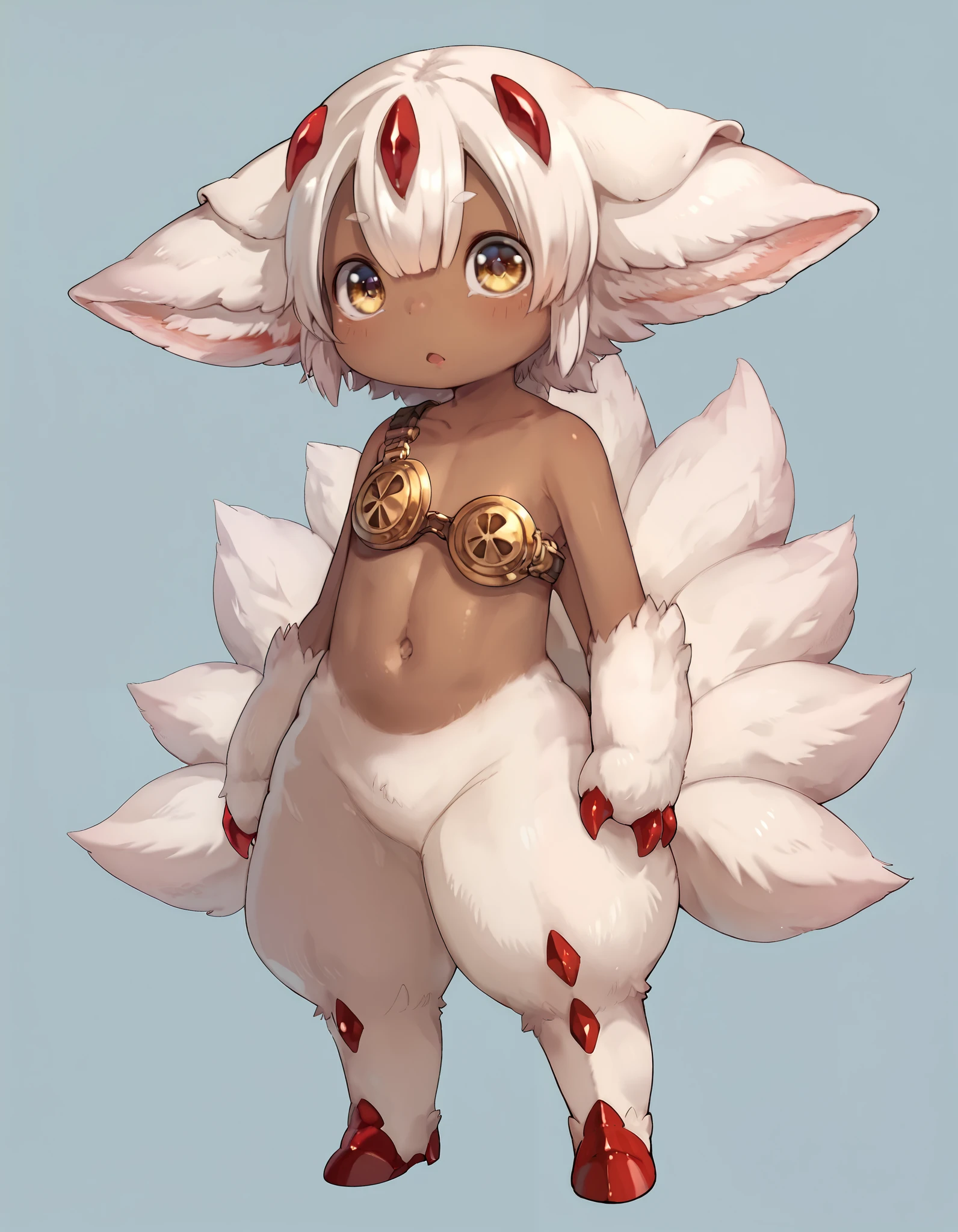 Porforever Style, faputa, faputa black, dark-skinned girl, animal ears, extra arms, red claws, multiple tails, white black, metal_bra, nude