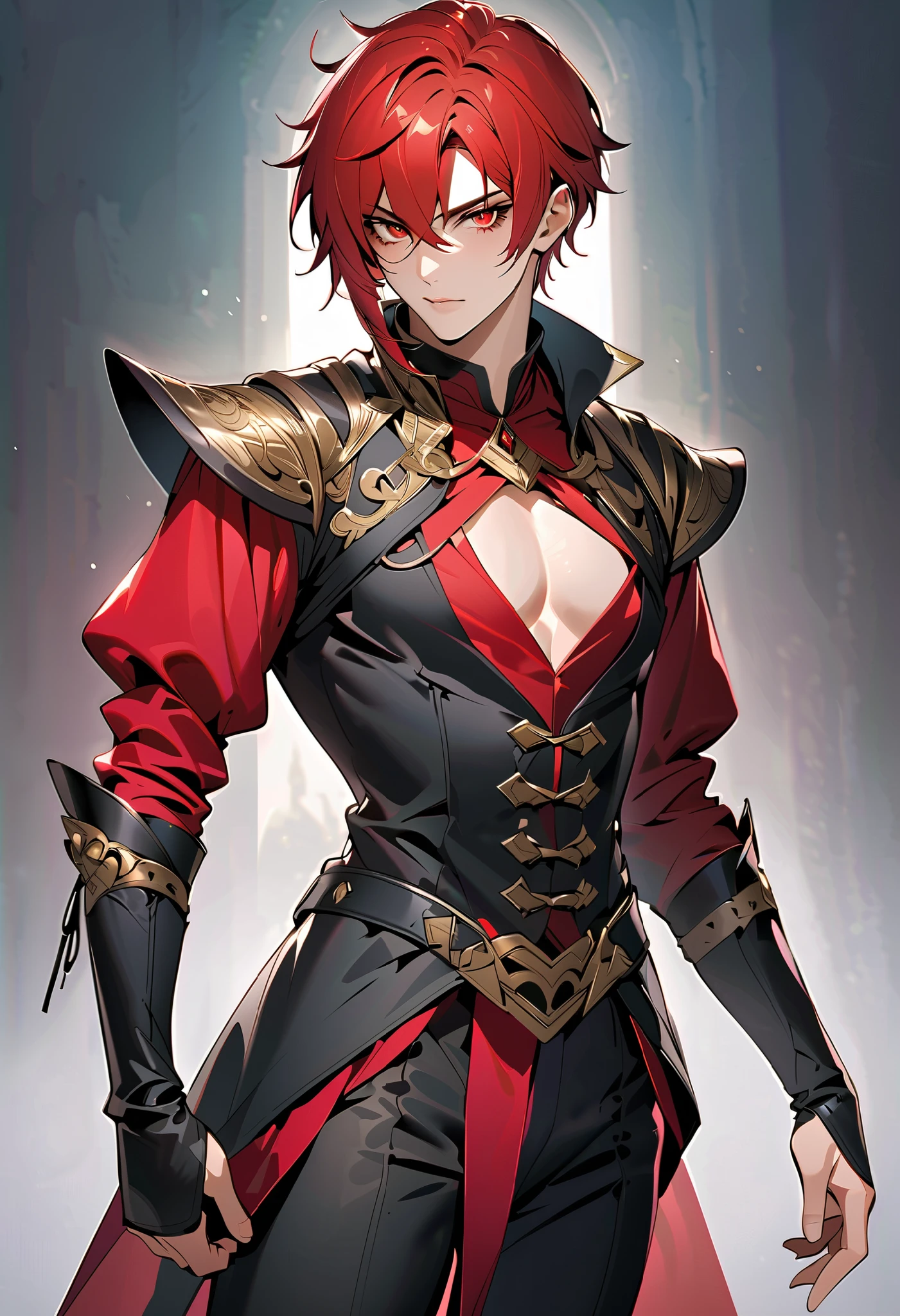 red hair, sharp eye, Lewd Eyes,1 male,red eyes,Short Hair, handsome, ,  fantasy costume,Portraiture,full body