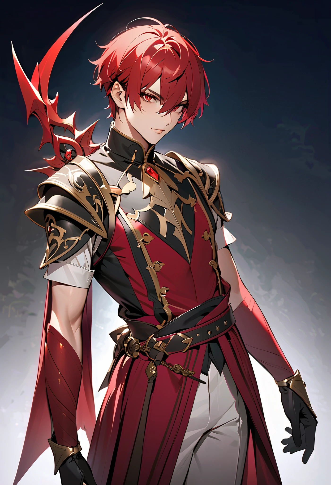 red hair, sharp eye, Lewd Eyes,1 male,red eyes,Short Hair, handsome, ,  fantasy costume,Portraiture,full body