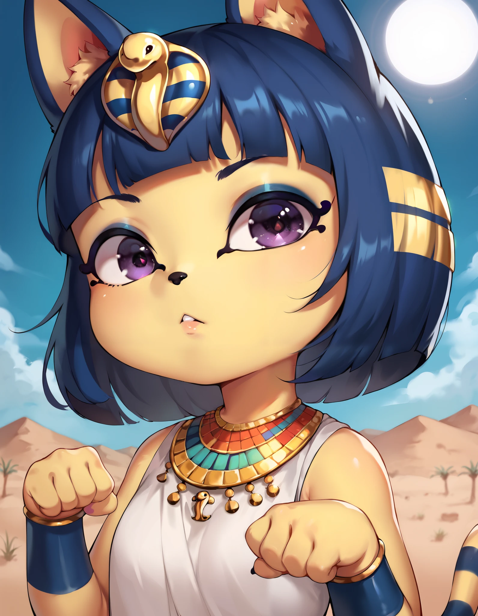 score_9, score_8_up, score_7_up, shadowillstyle, depth of field, 1girl, furry, ankha \(animal crossing\), expressionless, eye reflection, yellow background, yellow theme, blue background, desert, spiral eyes, purple eyes, glowing eyes, wide-eyed, paw pose, looking at viewer, close-up, parted lips, hideousbeingStyle