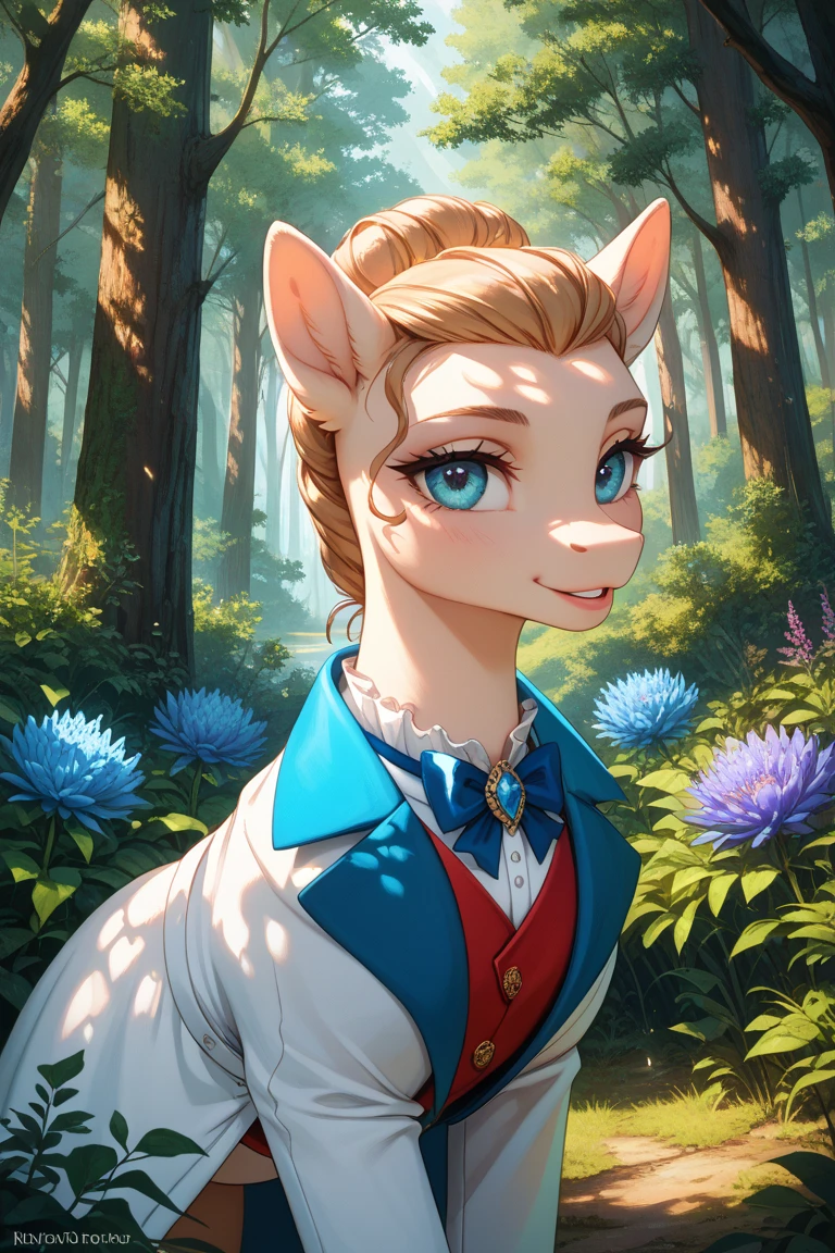 (((anthro))), (((clothed))), cute (((white))) (((anthro))) furry sheep girl, (((white wool))), (((white fur))), (((white hair))), green eyes, medium breasts (((covered))), thick square glasses, short (((deep blue))) boho dress with white lace trim, walking in a field of flowers, smiling, best quality, solo focus, female focus, cartoon