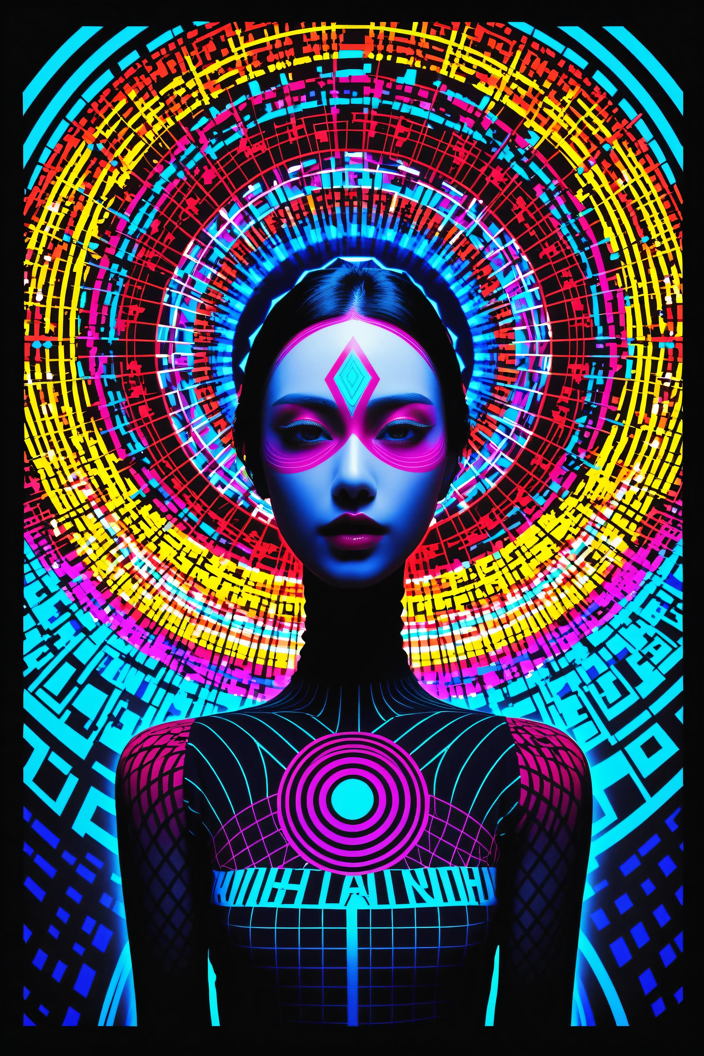 Expressionist artwork image of a kpop idol, portrait, korean woman, colorful, color splash, neon colors, make it weird and gallery worthy, psychedelic, 60s, trippy, robot girl,