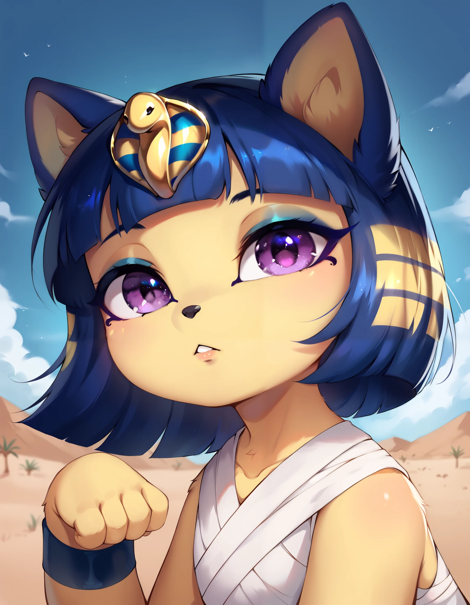 score_9, score_8_up, score_7_up, shadowillstyle, depth of field, 1girl, furry, ankha \(animal crossing\), expressionless, eye reflection, yellow background, yellow theme, blue background, desert, spiral eyes, purple eyes, glowing eyes, wide-eyed, paw pose, looking at viewer, close-up, parted lips, magnaluna, hideousbeingStyle