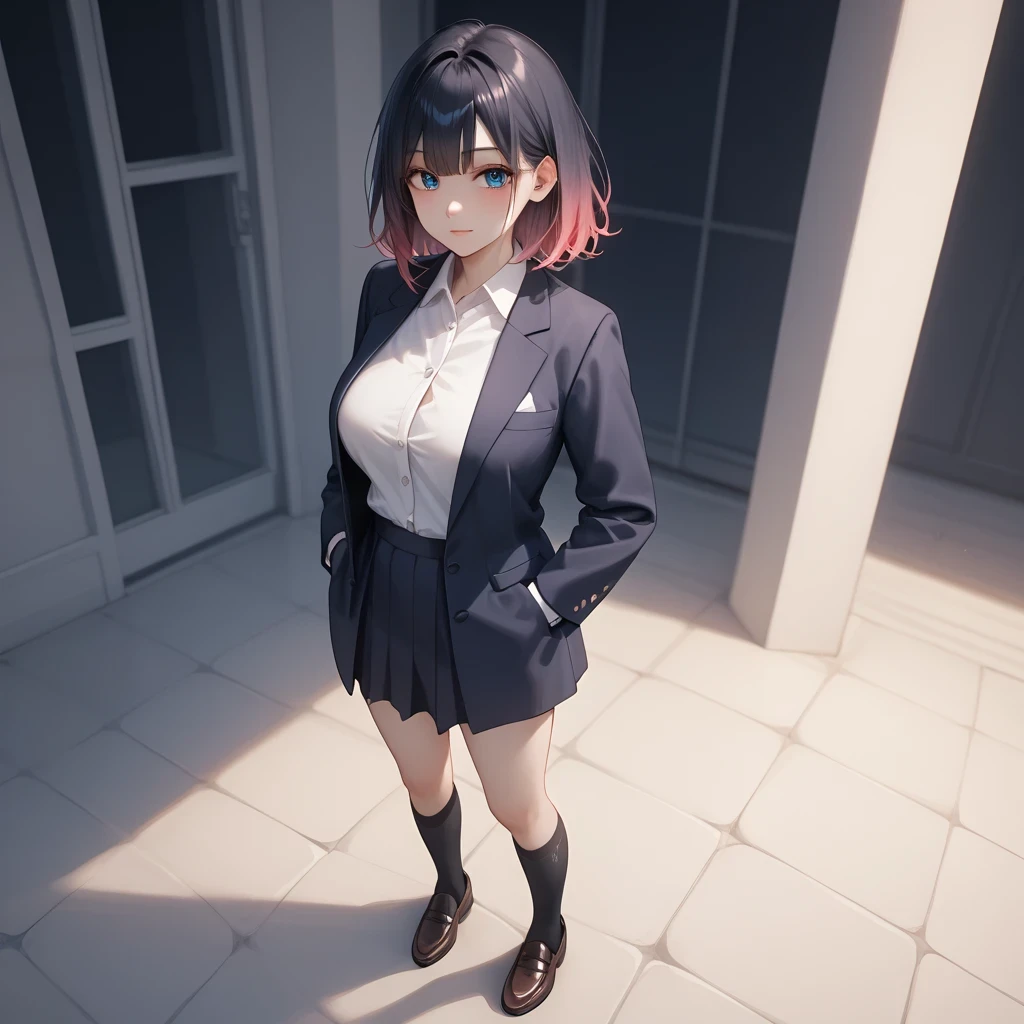 ((pastel black, hair gradient hair ),best quality 、 Masterpiece、( professional lighting )、 surreal、 ,(Nipples:0.65), Charming、 slender supermodel 、 one adult female ,(full body shot, from front, from above), ( very big breasts), ( bright, beautiful blue eyes , (( Princess cut, medium hair ))),( blazer , black unbuttoned shirt, ( miniskirt), Boots, loafers), , ( bright光の中で目を細める美しい顔 ), knee-high socks, standing,hand in pocket