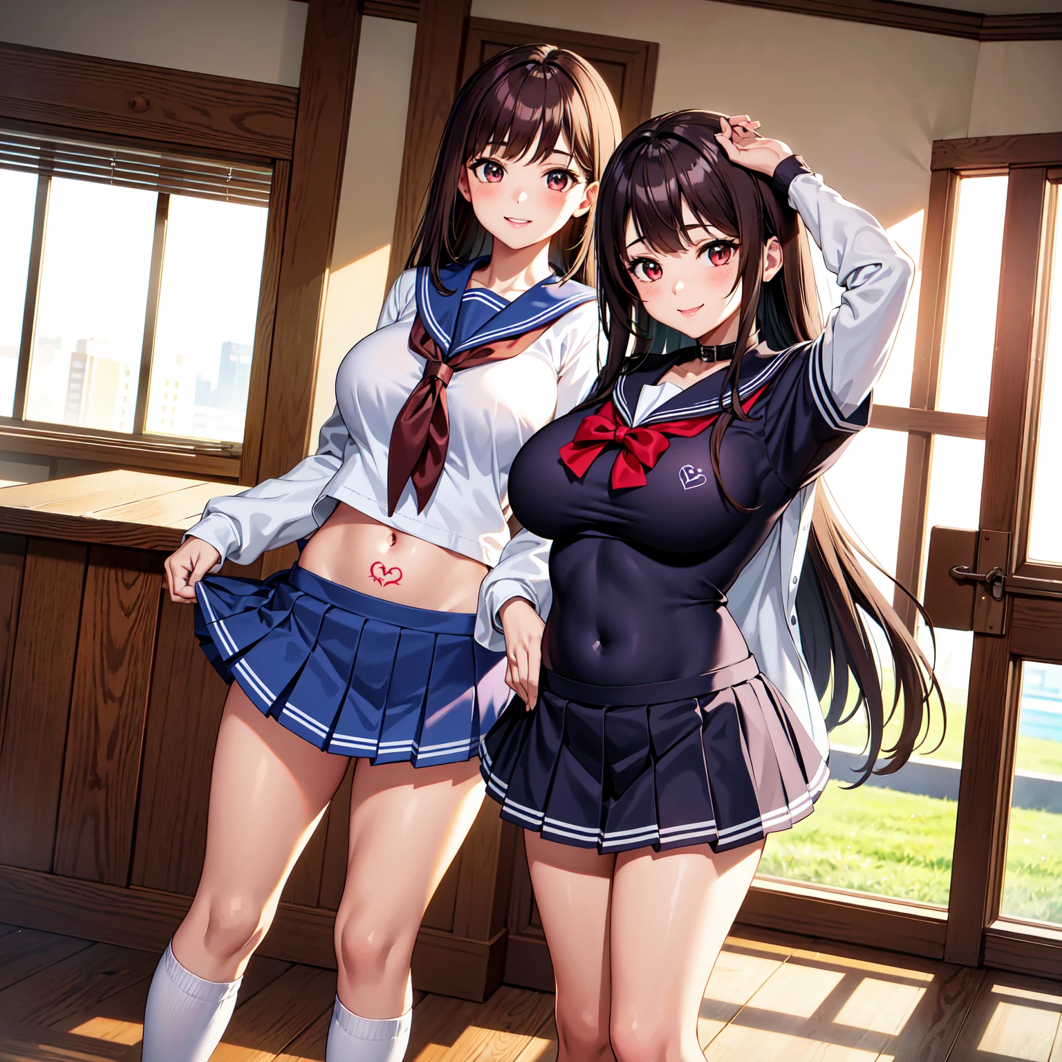 highest quality、detailed background、beautiful and detailed face、beautiful and smooth skin、skin texture、professional lighting、beautiful age girl、((three women))、cute hairstyle、(big breasts:1.2)、
sailor suit、plaid pleated mini skirt、knee high socks、playfully hug each other、Play around, laugh and have fun、smile、panty shot、sexual expression、show one'~ side、show me your pants、
Visit traditional Japanese temples and shrines、at the entrance, cleanse your hands、worship and pray.、Participate in the unique customs of shrines and temples, Write your wishes on votive tablets that draw fortunes, etc..
