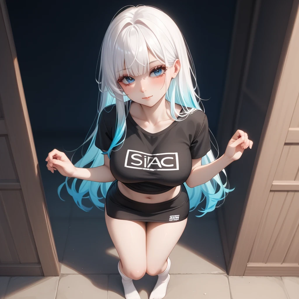 ,long hair,((silver hair,blue eyes)), daylight, sunlight, (perfect body : 1.0), neck, chain, Full body shot, Wear a black sleeveless t-shirt, jeans jacket, ((shorts)),(Masterpiece), (The best quality:1.0), (Ultra Highres:1.0), beautiful lighting ,Perfect lightning, realistic shadows, [High Resolutions], detailed skin, ultra detailed,arms behind your head, anime style,thin woman，The body  very thin，Rib chest，The waist  very thin，The ribs are noticeable，Protruding ribs，The waist  very thin，Sunken abdomen，Delicate arms