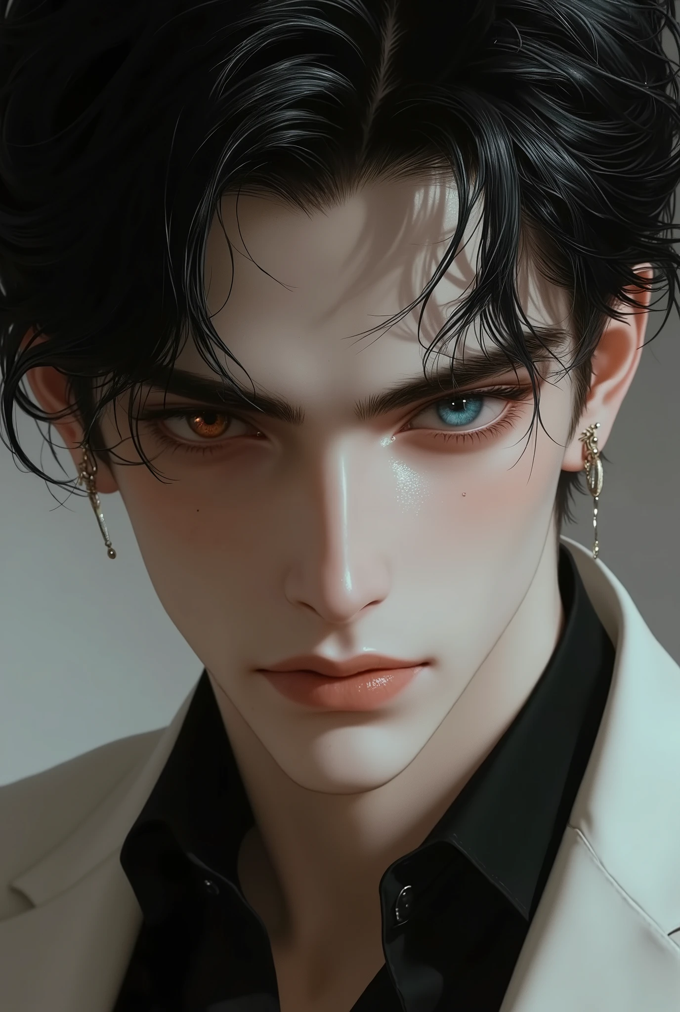 Make a 29 year old man who is malaysia Malay, young and attractive face, with one brown eye and one blue eye, somewhat medium and black hair