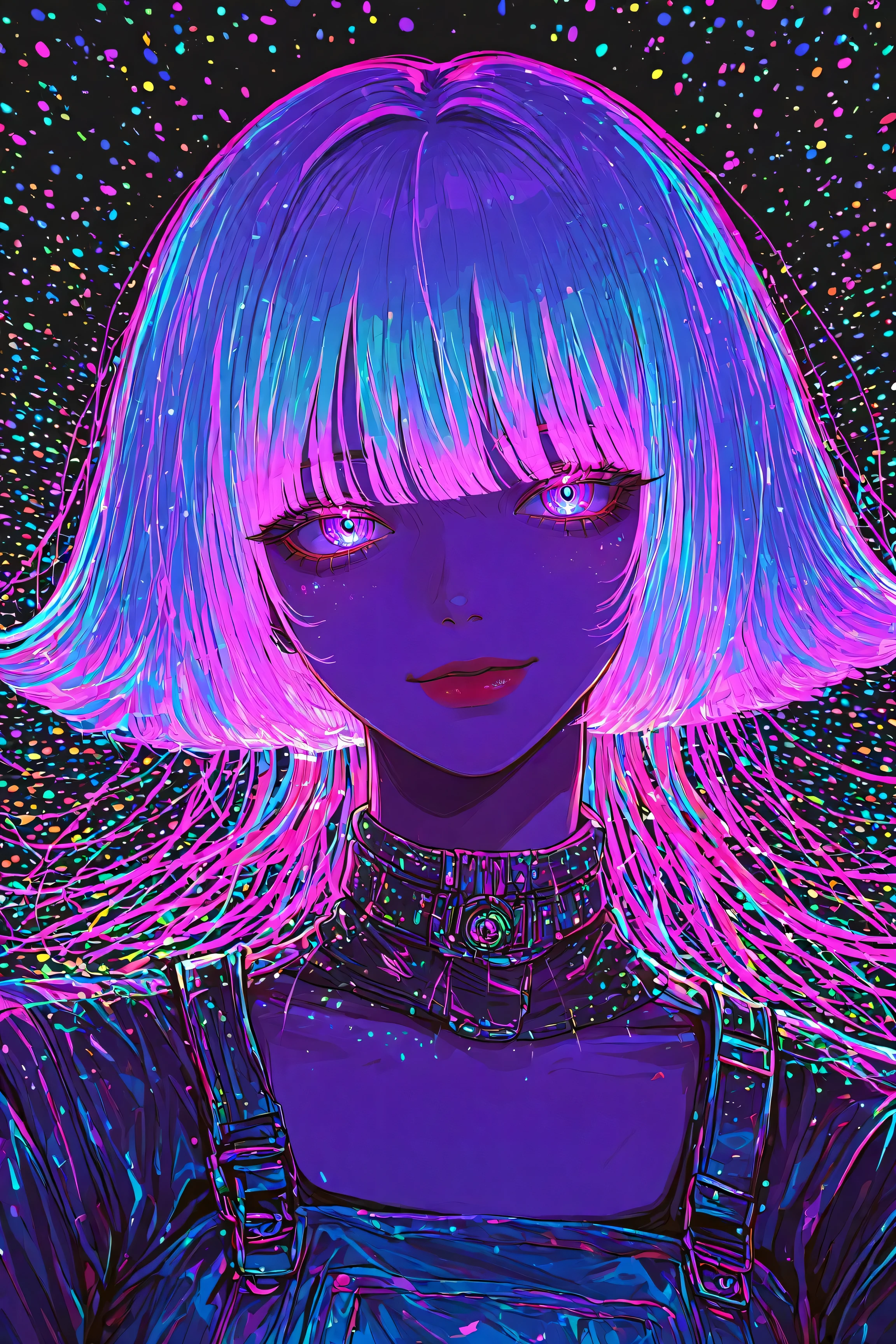 Expressionist artwork image of a kpop idol, portrait, korean woman, colorful, color splash, neon colors, make it weird and gallery worthy, psychedelic, 60s, trippy, robot girl,