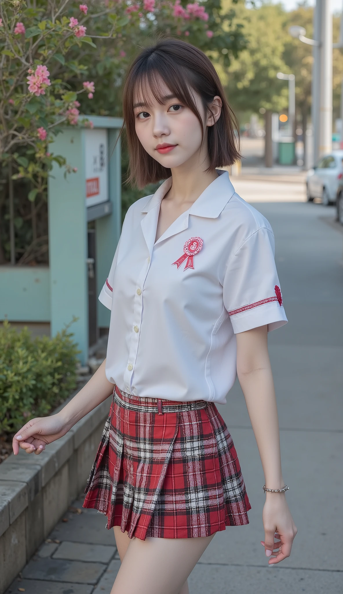 {{x}}NSFW, 8k Raw Photo, Best Quality , Mastepice, Ultra High Definition, film穀物, film, 1 girl, Looking at Viewer, Natural Skin Texture, Realistic eye and facial details, Full lips, lipstick, (Slutty Makeup), red eyeshadow, Fluffy short hair, Messy Hair, Ha-Knee Smile , close your mouth, Beautiful legs, tall woman, is losing weight, Slim_Legs, Solo, small breasts, I have cleavage, おButt自分に向けてポーズをとる, Ultra short skirt, Butt, Shirt, beautiful natural locations , Around flower locations , ( detailed background), plaid skirt, White wet shirt, huge breasts, I have cleavage, Shirt通して少し胸の谷間を見せ, loafers, Blurred background, Blurry, Holding, Plaid, Short sleeves, 首にJK Ribbon, JK Ribbon, Brown hair, bracelet , Water, Bangs, School uniform, Jewelry, Parted lips, Beautiful lips, From Side, pleated skirt, bitches line up in front of the motel