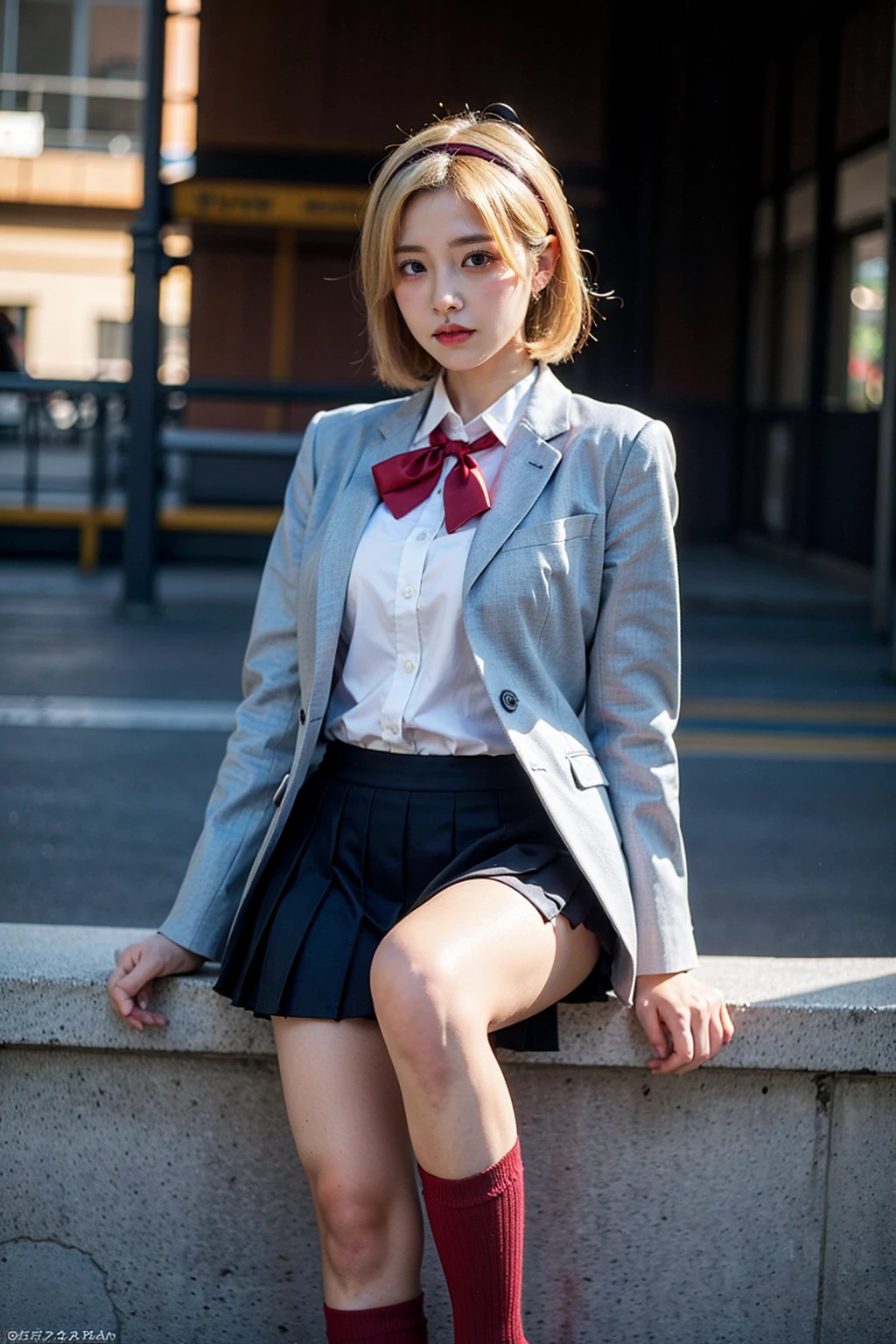 (masterpiece),(best quality:1.0), (ultra highres:1.0), detailed clothes, (school uniform:1.4), blunt bangs, crown braid, hair ornament, (red hair:1.4), short hair, detailed face, (smooth chin:0.85), looking at viewer, beautiful eyes, detailed eyes, (ulzzang-6500:0.7), (night tokyo street), from side, photon mapping, physically-based rendering, RAW photo, highly detailed background, (photo realistic:1.35), high res, perspective,