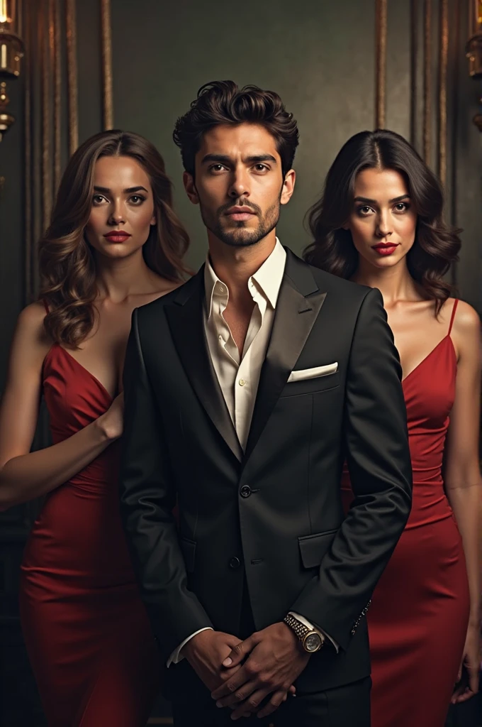 group of 3 men in tuxedos, each of them wears a different colour and 2 women in elegant dress (one of them wears a red dress) posing for a picture, one man is sitting on an elegant armchair, promotional picture, high-end fashion, cover photo, handsome appealing faces (italian/glamour type), harmonious figures, young, elegant studio background with baroque accents, masterpiece, extremely detailed