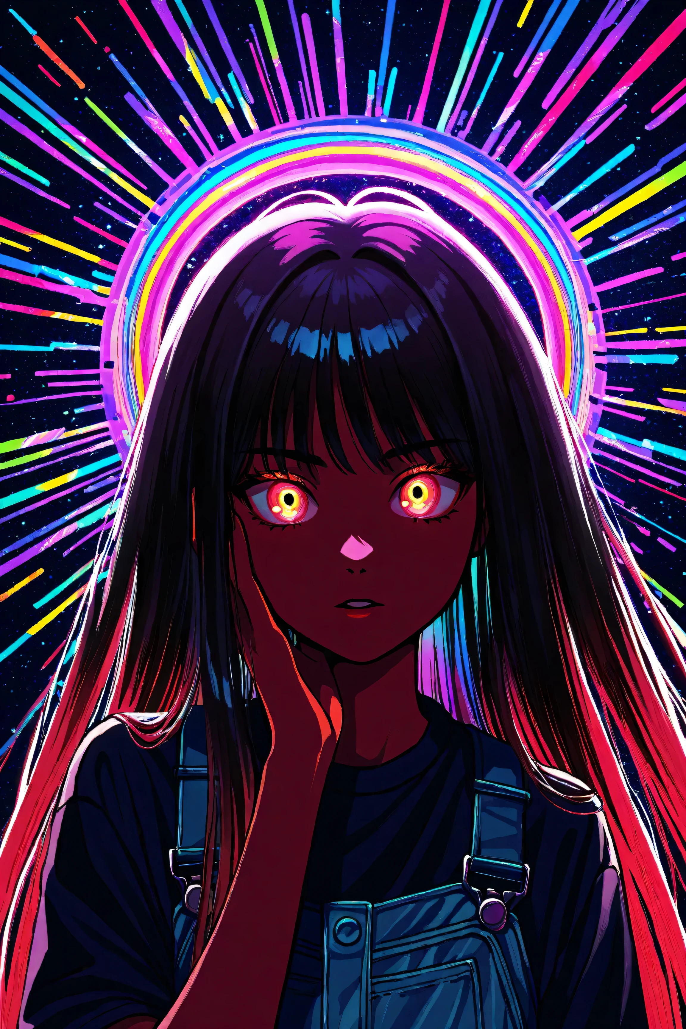 Expressionist artwork image of a kpop idol, portrait, korean woman, colorful, color splash, neon colors, make it weird and gallery worthy, psychedelic, 60s, trippy, robot girl,