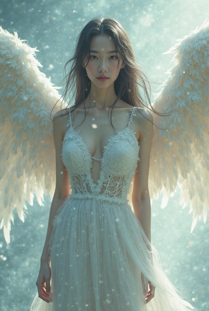 masterpiece, Angel Girl, young,(((Black right wing and white left wing))),Brunette with wings, White dress with feathers, Close-up portrait, Delicate face, , god々A shiny silver dress、palace