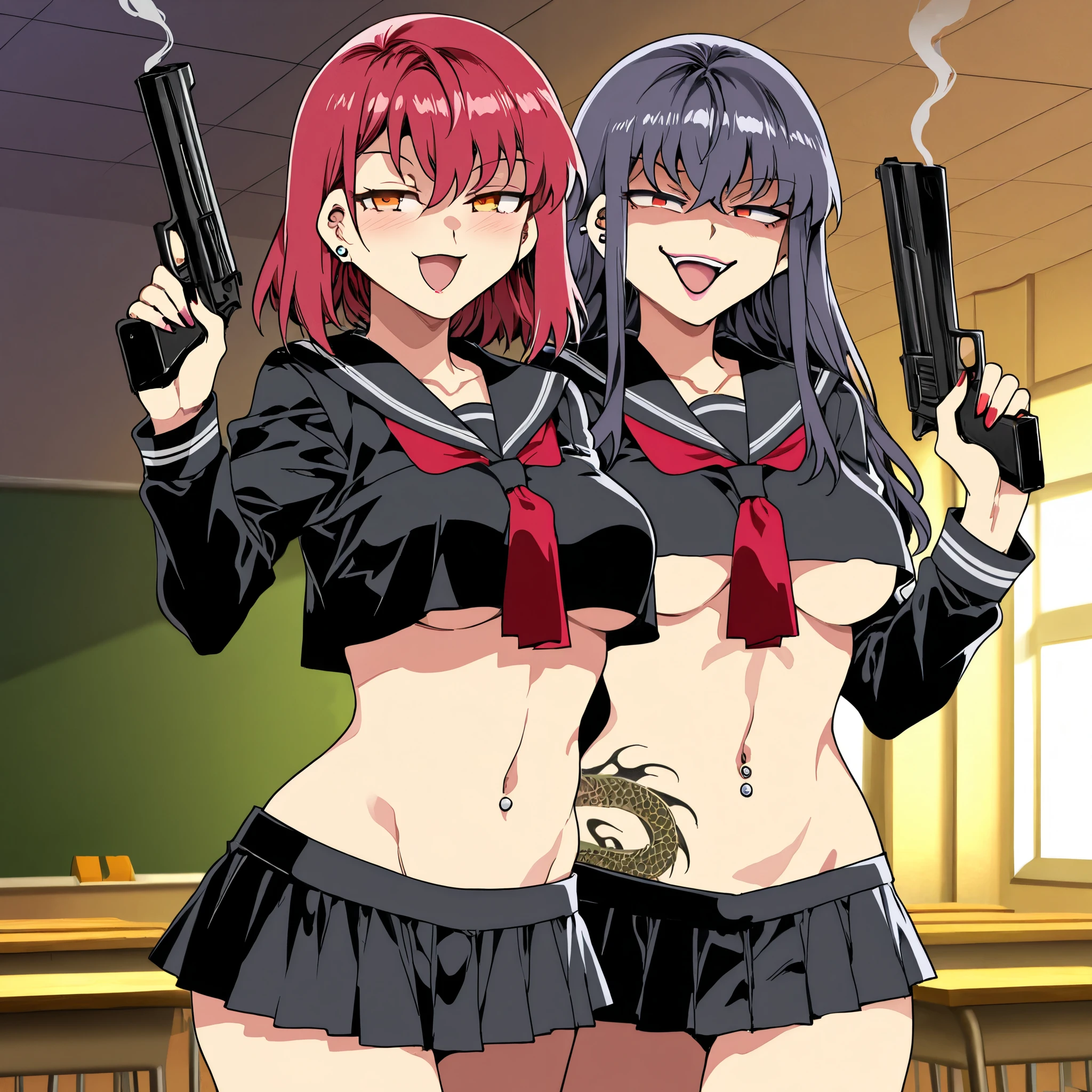 2girl,two girl, large breasts, long hair, necklace,, lipstick, masterpiece, best quality, highly detailed, a anime girls in sailor uniforms with a gun posing for a picture,
evil smile, smile, open mouth,black_serafuku, ecchi anime style, anime girls , (nsfw) not safe for work,
ecchi style, ecchi, shipgirls, digital anime art!!, high school girls, holding a gun, hold a gun, anime style 4
k, micro skirt, exposed belly, exposed navel, exposed midriff,
exposed lower belly,school, classroom,