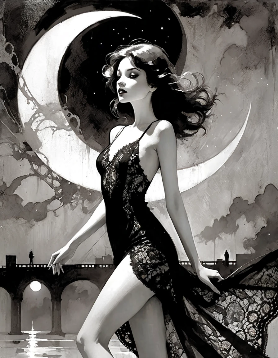 sexy, dark, loneliness, magic, fantastic, night sky, moon, stars, background,  (art inspired by Bill Sienkiewicz, intricate details, oil painted )
