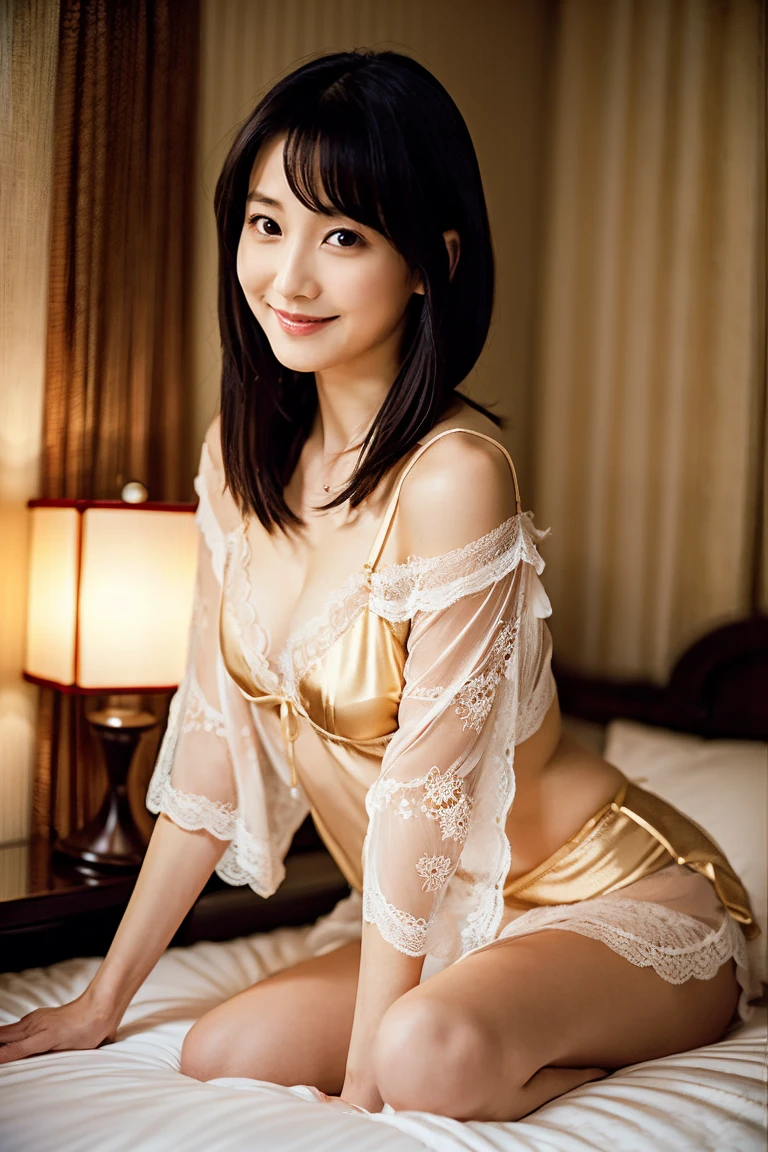 Dark brown hair、Light brown eyes、Japanese actress、 Lady、I am about 40 years old...、(Intricate details:1.2)、(Which is the top????:1.4)、 (Ultra-high resolution:1.2)、Ultra-high resolution、(Finely tuned)、(Detailed facial features)、Hmph、8K resolution、D cup size breasts、Long Hair、Bedroom、Sleeping in bed、Illness and sleep、Painful expression、Extravagant space、relax、、,Full body photo、Beautiful legs、silk　pajamas、Beautiful legs、she, Attention to detail, Very detailed, Realistic, Hourglass Shaped Body, Obscene pose,、、私 cry a lot、tears、(auraroid photo:1.2)、A masterpiece of transparent painting、8K、32k、Highest quality、(Details of both eyes)、