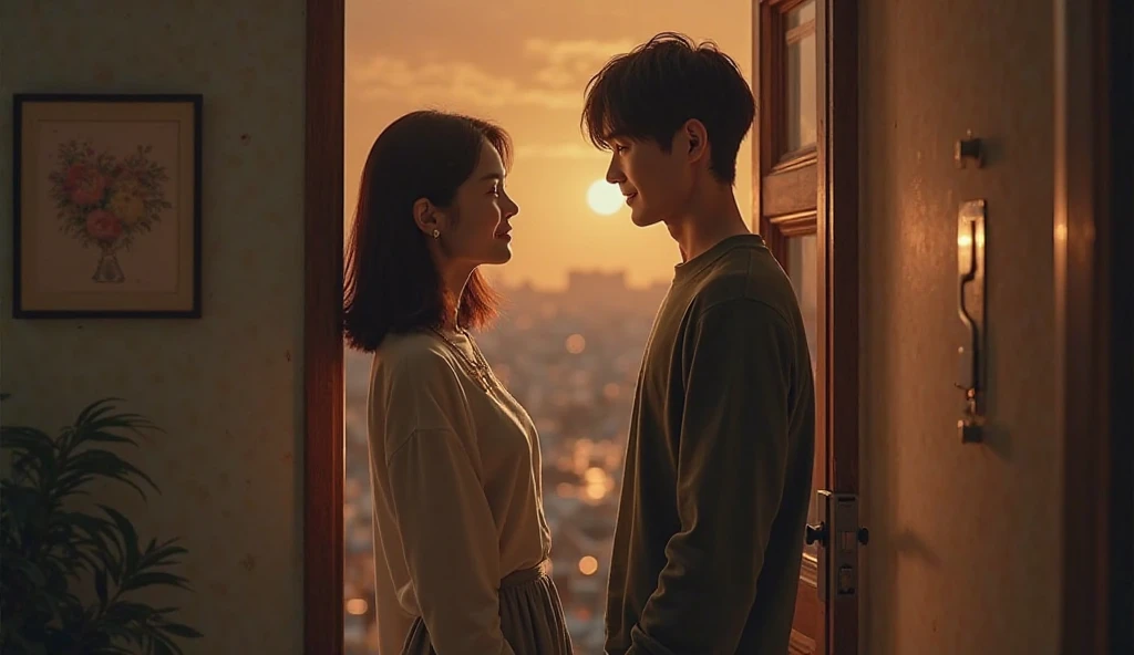 Capture the essence of a bittersweet long distance love story between a girl and boy, in a minimalist photograph that evokes emotional connection. --ar 16:9 --niji 5