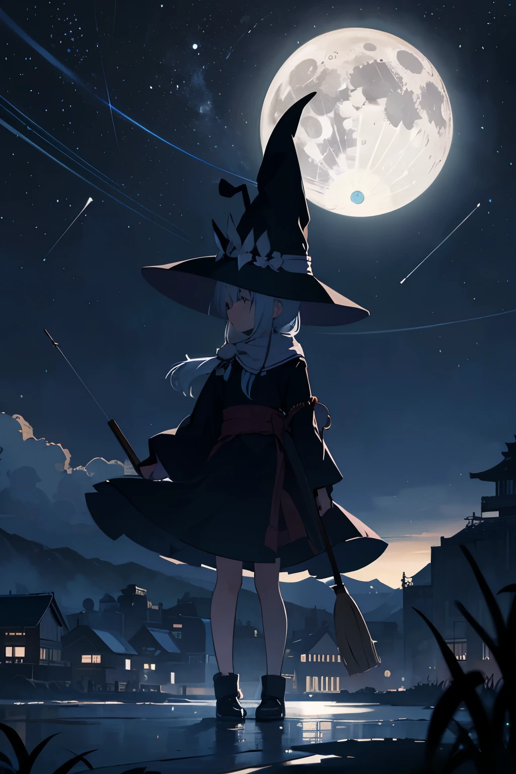 Translucent Illustration 、 Japanese anime style illustration 、 Small Shadows Seen in the Distance 、 Shadow of a Little Witch Straddling a Broom Can Be Seen in the Distance 、green、 Dynamic Angle 、 is amazing、 Highest precision、 top quality 、 fantasy、Effective Production 、 Full Moon Seen in the Distance 、 Seaside Town Sky at Night 、 Horizontal Line、movie、 artistic、delicate、sentimental、 highlights 、 Contrast