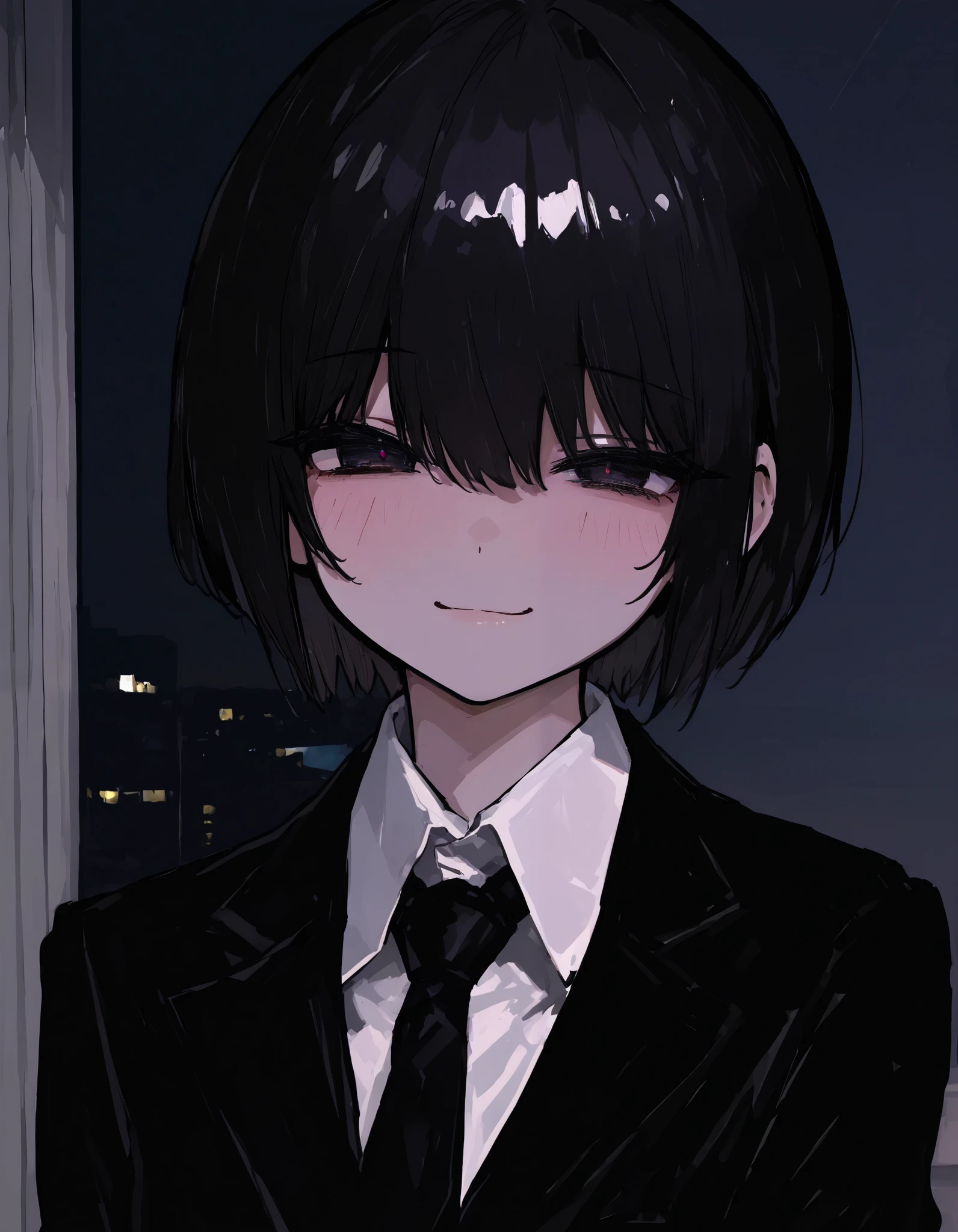 masterpiece, top quality, 748cm style , (1 girl) , young, night background, (black suit:1.1), tie, with dark hair, short hair, dark eyes, smile, (upper body), boyish , standing