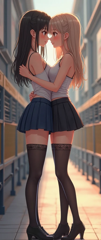 Nsfw, Amidst the pulsating rhythm of the nightclub, two girls found solace in the smokers' corner, bathed in the dim light cast by a flickering neon sign. Their intimate connection was palpable, as they leaned into each other, their bodies capitalizing every inch of the cozy, dark corner. Hands grazed the length of each other's arms, sending shivers down their spines. One girl ran her fingers through the other's long, curly hair. Their legs spread open, creating a subtle yet seductive display. The hem of one girl's mini skirt rode up, revealing a glimpse of black lace panties. Both girls wore long, black stockings,