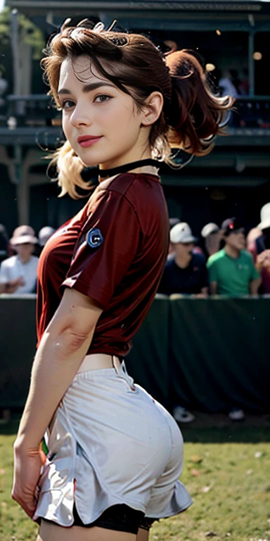 Beautiful 26 year old redhead, straight and long hair, woman football player, lolalove, braid, doing sex poses, soccer pitch, 18mm cannon, luz do flash, realisitic, highy detailed, analog style, sample breasts, chest showing, profile pic, cute smile, cute pose, sex