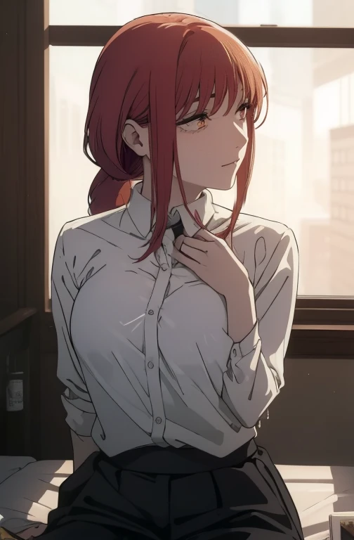 (Obra maestra, mejor calidad, alta calidad), tiro de vaquero, maki nishikino, cabello rojo, ojos morados,1 chica, solo, senos, mirando al espectador, golpes, Falda, large senos, camisa, pelo entre los ojos, Session, boca cerrada, , white camisa, mangas cortas, pleated Falda, serafuku, adentro, miniFalda, cuello marinero, blue Falda, top corto, handkerchief, sin sujetador, debajo del pecho, 