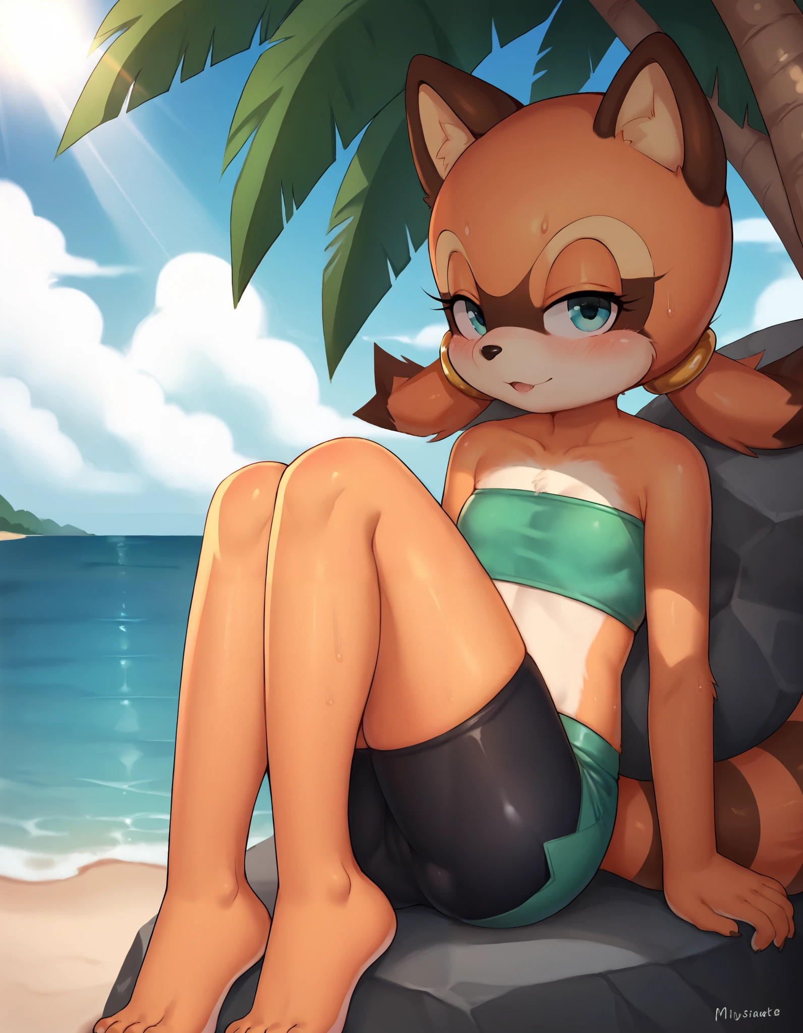 score_9, score_8_up, score_7_up, solo, masterpiece, best quality, 1girl, solo, young, marineraccoon, furry female, orange fur, tube top, strapless, green shirt, bike shorts, blush, beach, looking at viewer, palm trees, rocks,, shack, cloudy, light rays, hideousbeingStyle