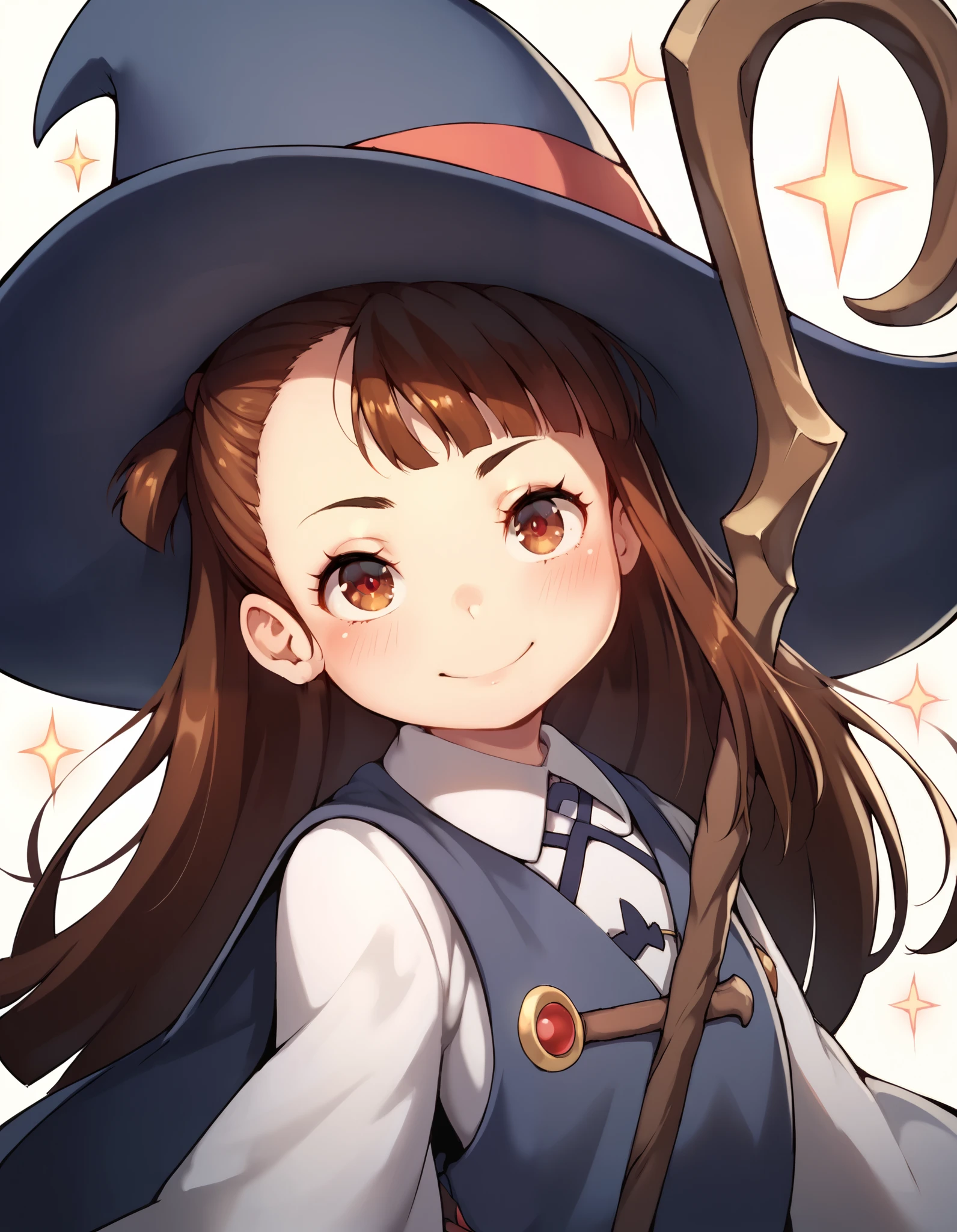 score_9, score_8_up, score_7_up, hideousbeing, hideousbeingStyle, solo, 10s, 1girl, alternate eye color, asymmetrical bangs, blushes, brown eyes, brown hair, closed mouth, hat, hideousbeing, holding, kagari atsuko, little witch academia, long hair, long sleeves, looking at viewer, shirt, smile, solo, sparkle, staff, wand, white shirt, wide sleeves, wing collar, witch hat