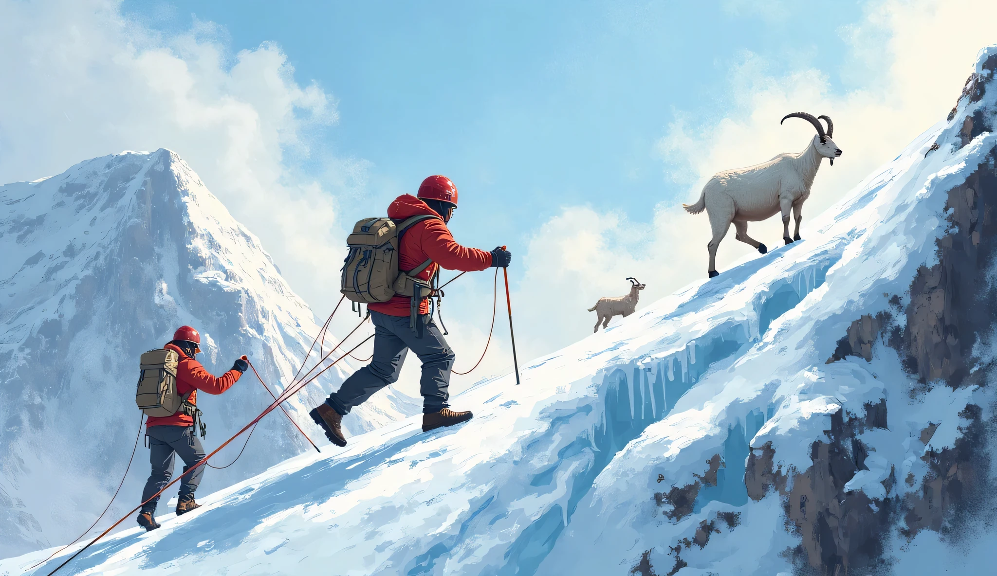 "Illustrate the rescue team climbing up the icy, rocky slopes with ropes secured to their harnesses. One rescuer carefully inches toward the goat, balancing on a narrow path. Snow and ice make each step hazardous. The mountain goats watch anxiously from a nearby ridge."
