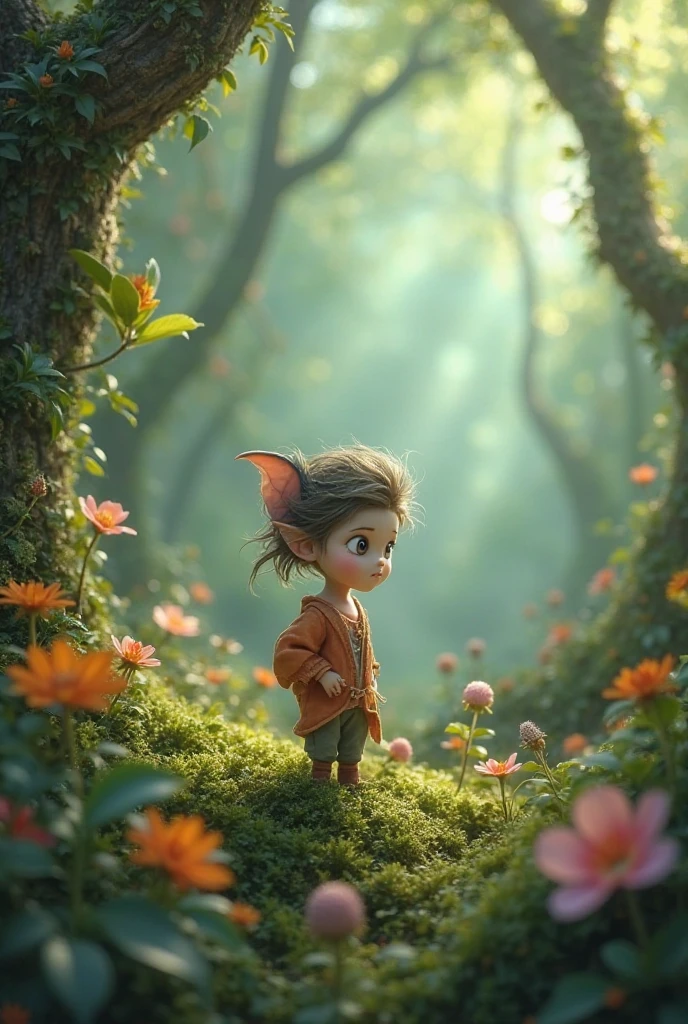 Elf boy sits among flowers on the ground,looks up