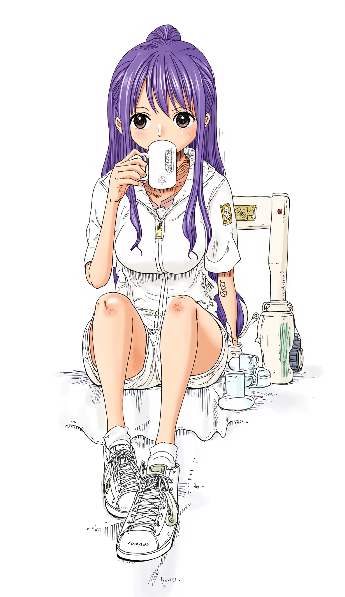 girl、background is stark white、on3pi3c3styl3、ground、pastel collar、Easy-to-read illustrations、 detailed hands、 Details、Perfect piece、high quality、32K、Alone、 alone、 perfect eyes、detailed eyes、 beautiful face、high qualityな顔、( full shot without being short:1.6)、(Big Breasts:1.4)、cartoon dress character design、(perfect face:1.6)、Beauty、 detailed illustrations 、Fine Lines、 nice smile、shame、Portrait Photography、 cute illustrations、 pop art、((purple)hair、 twirl perm、(White)rider suit、large zipper、Sneakers、Possess a round bomb)、 location=battlefield、 sitting、 drinking coffee