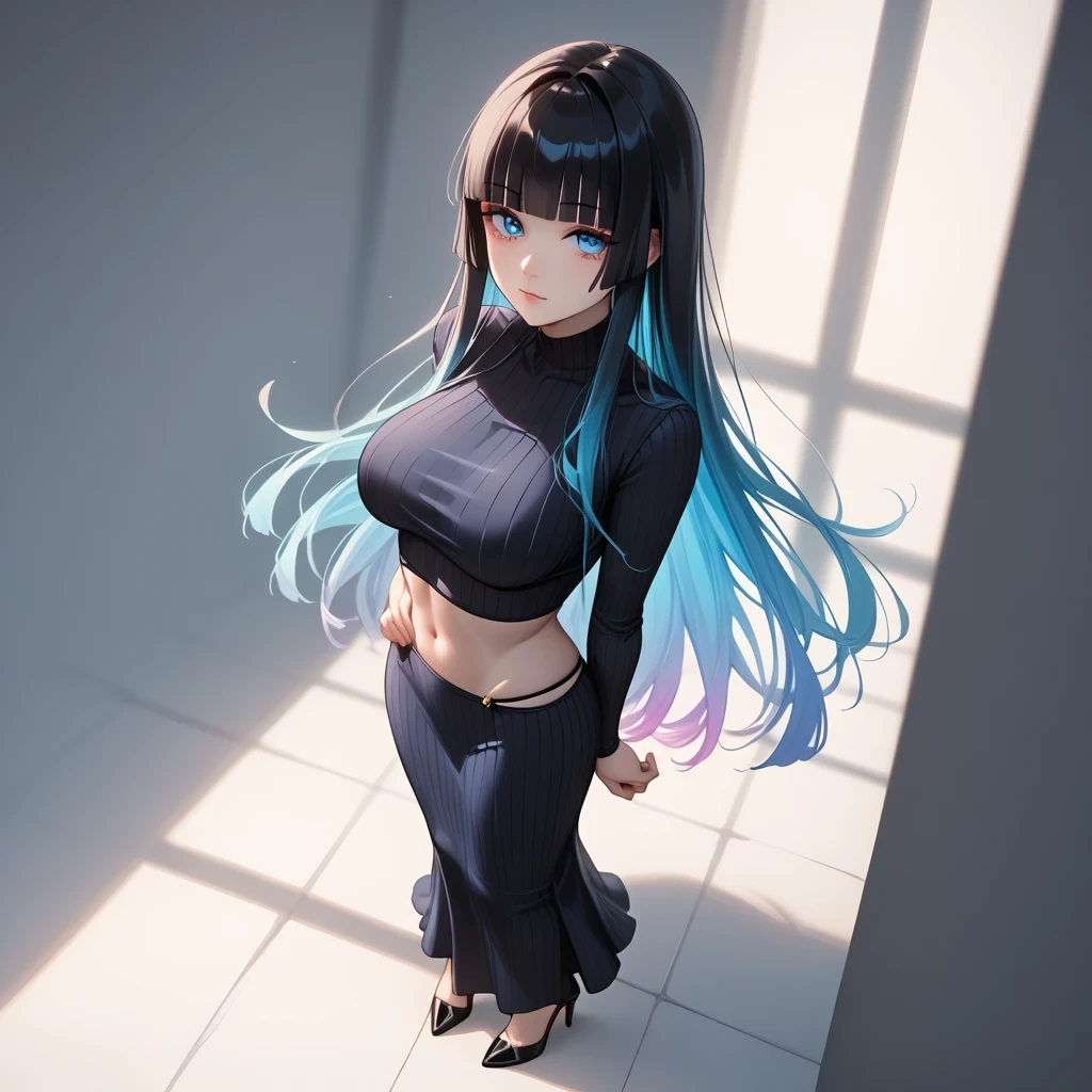 hand on own ass, ((pastel red black, hair, gradient hair), best quality 、 Masterpiece、( professional lighting )、 surreal、(high heels suitable for a 25 year old woman) ,(Nipples:0.65), Charming、 slender supermodel 、 one adult female , (full body, (Head-to-toe shot:1.4), full body shot, from front, from above), (slightly larger breasts, midriff peek ), (oily skin ), (Bright, beautiful blue eyes , ((hime cut, long hair)), (black ribbed dress、 Emphasize your breasts、Wide open , revealing clothes))) , ( beautiful face squinting in bright light ),
