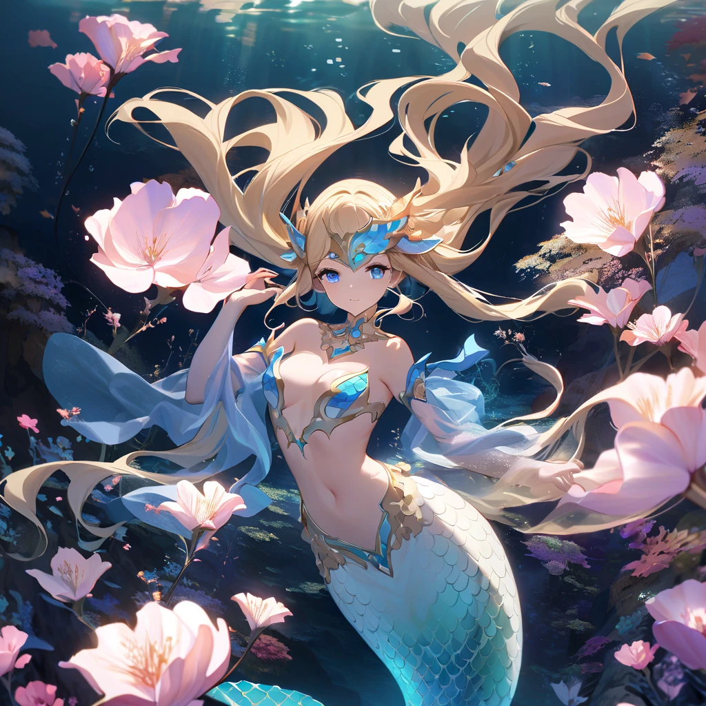 1female\((mermaid),lowerbody is fish,beautiful scale reflecting prism,beautiful tail fin reflecting prism,princes,cute,kawaii,age of 20,long braid hair,blonde,(singing a beautiful song:1,4),eye color ocean blue,big eyes,dynamic pose,open mouth loud,(looking up),under the sea,happy,wearing beautiful heart neck tube top,(music notes around),(full body:1.6)\), BREAK ,background\((under the beautiful clean sea),beautiful fishes,\), BREAK ,quality\(8k,wallpaper of extremely detailed CG unit, ​masterpiece,hight resolution,top-quality,top-quality real texture skin,hyper realisitic,increase the resolution,RAW photos,best qualtiy,highly detailed,the wallpaper,cinematic lighting,ray trace,golden ratio\),,landscape,[nsfw]