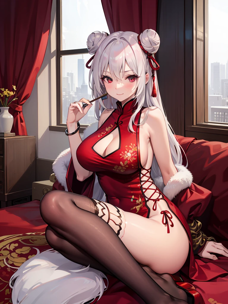 Fox ears，big Fox tails, Gradient eyes, Seductive smile, Naughty face, torogao, White hair, curtained hair, Sony FE GM, first person perspective, Wide shot, hyper HD, Anatomically correct, Super detail, Textured skin, ccurate, High details, Best quality, 16k，girl fox，Wearing a white tight cheongsam，Decorated with red embroidery，Sit in a room with classical Chinese music，Leaning against the windowsill，Overlooking the scenery