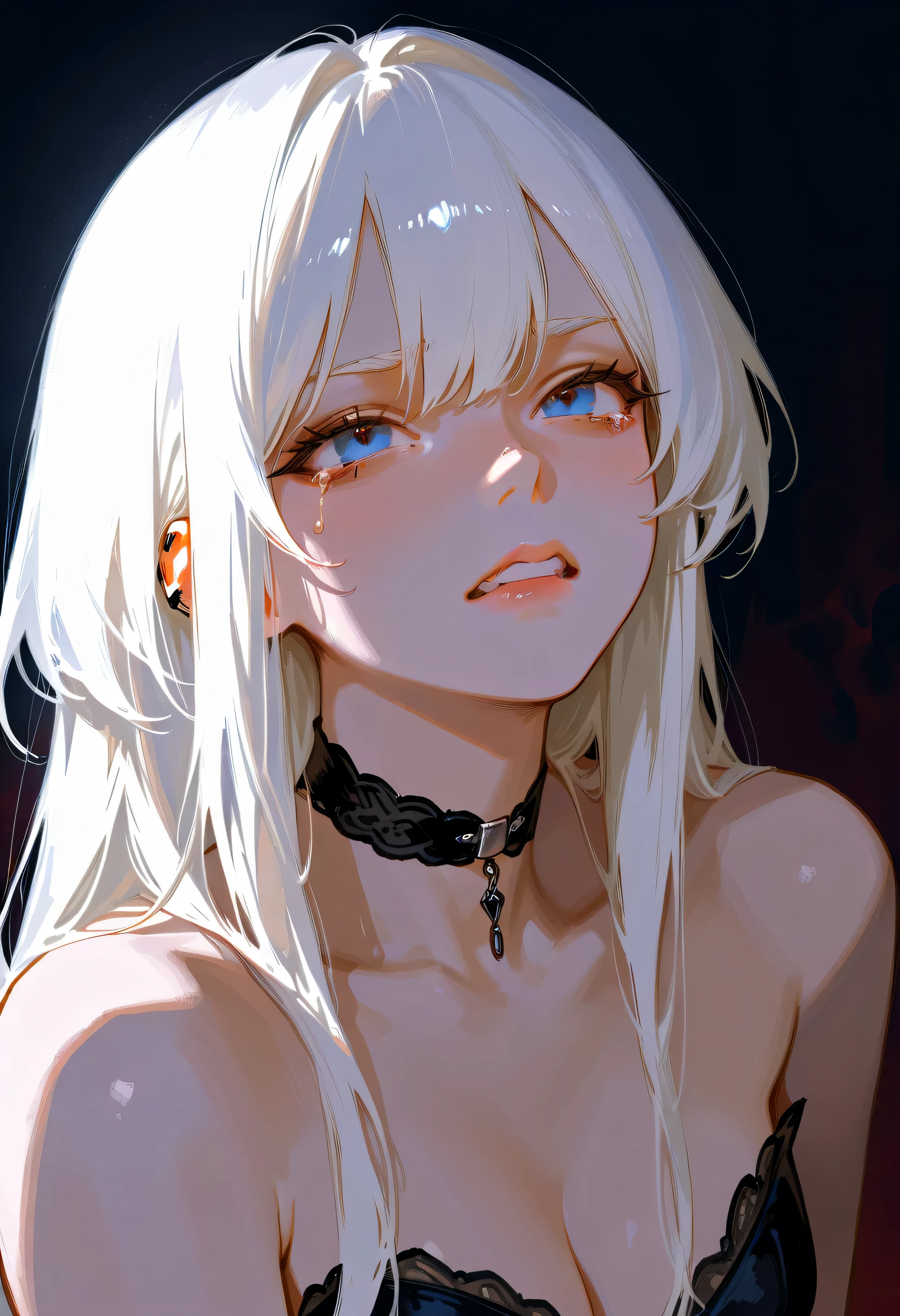 A highly expressive digital painting of a young woman with long, flowing white hair, styled messily. Her face is filled with raw emotion, tears streaming down her cheeks as she cries out in pain, frustration, or sorrow. Her piercing blue eyes are red and watery, her eyebrows furrowed, and her lips slightly open, revealing clenched teeth. She wears a black choker and a dark outfit that contrasts with her pale complexion. The background is dark and minimalistic, emphasizing the intensity of her emotions. The art style is semi-realistic with loose, painterly brushstrokes, dramatic lighting, and rich textures that bring out the depth of her feelings.