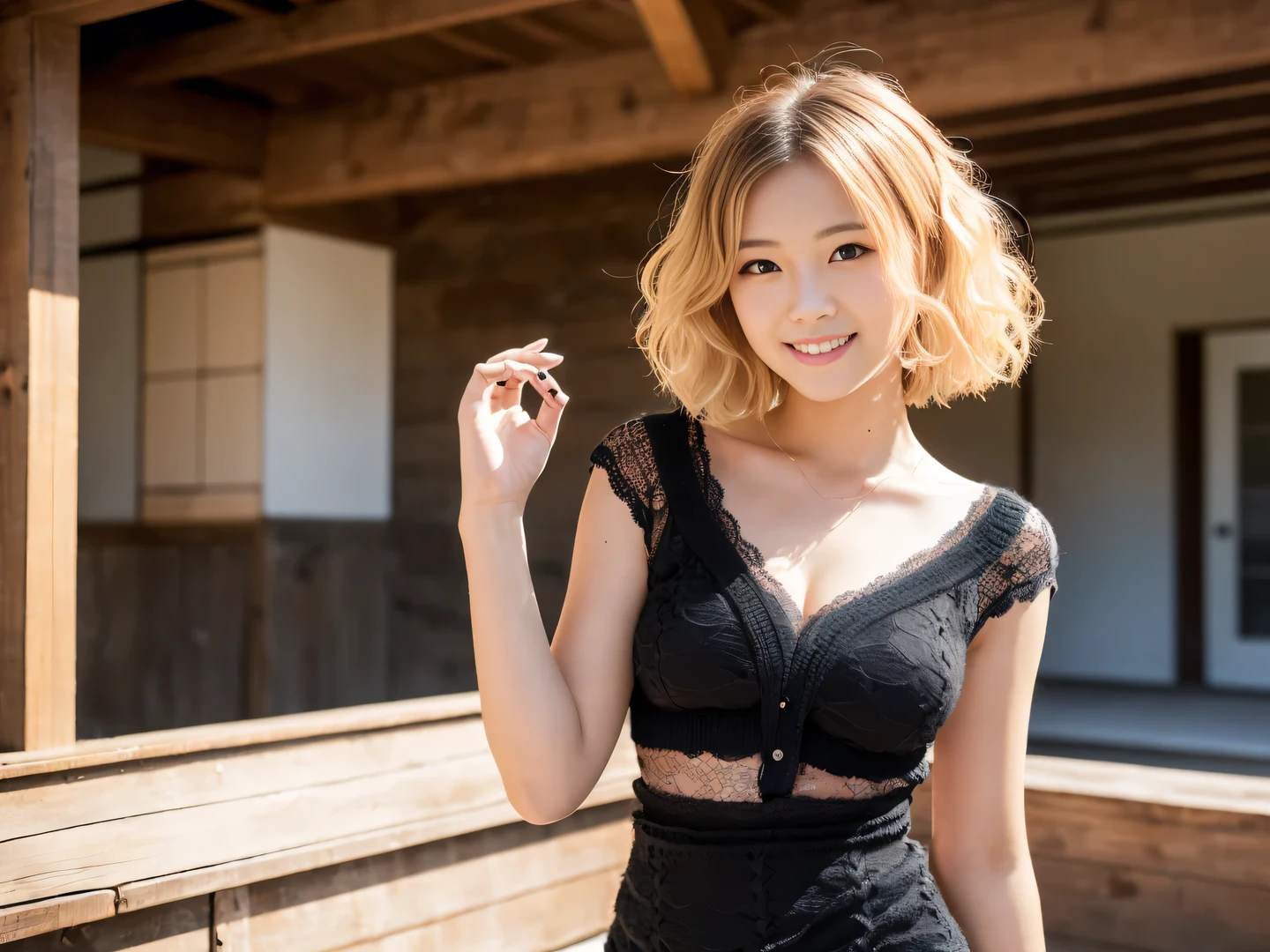 (A very cute 20 year old young woman from Japan.),  ((Fine hair that is somewhere between brown and blonde)), ((Short hair with messy side waves)),Medium bust size､Small breasts､ (((Clean your hands)))，(Curly Hair)，(((A very kind smile))), (((She is wearing black lace panties)))，(((Wearing a random colored super short knit dress)))，(((I&#39;m wearing a knitted dress in a random color.。))) ((Highest quality, 16K, Tabletop: 1.3)), The light shines on your face, Highly detailed face, Highly detailed lips, Beautiful Eyes, City Street，Angle from below:1.5，I have nothing in my hands、