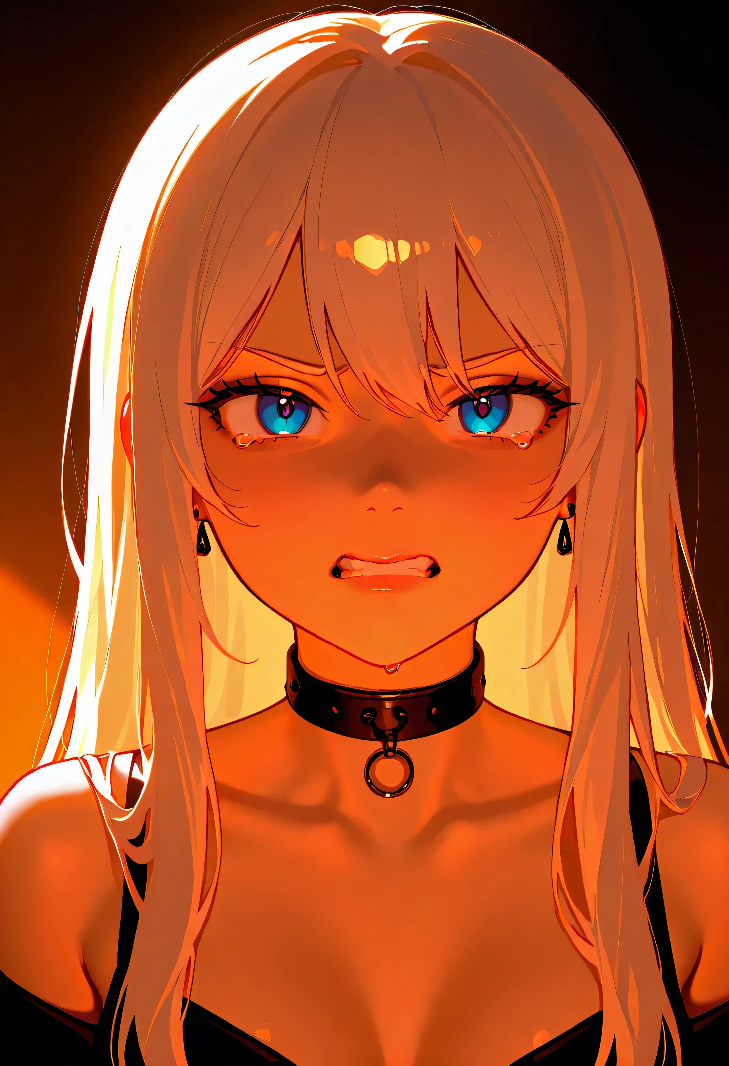 A highly expressive digital painting of a young woman with long, flowing white hair, styled messily. Her face is filled with raw emotion, tears streaming down her cheeks as she cries out in pain, frustration, or sorrow. Her piercing blue eyes are red and watery, her eyebrows furrowed, and her lips slightly open, revealing clenched teeth. She wears a black choker and a dark outfit that contrasts with her pale complexion. The background is dark and minimalistic, emphasizing the intensity of her emotions. The art style is semi-realistic with loose, painterly brushstrokes, dramatic lighting, and rich textures that bring out the depth of her feelings.