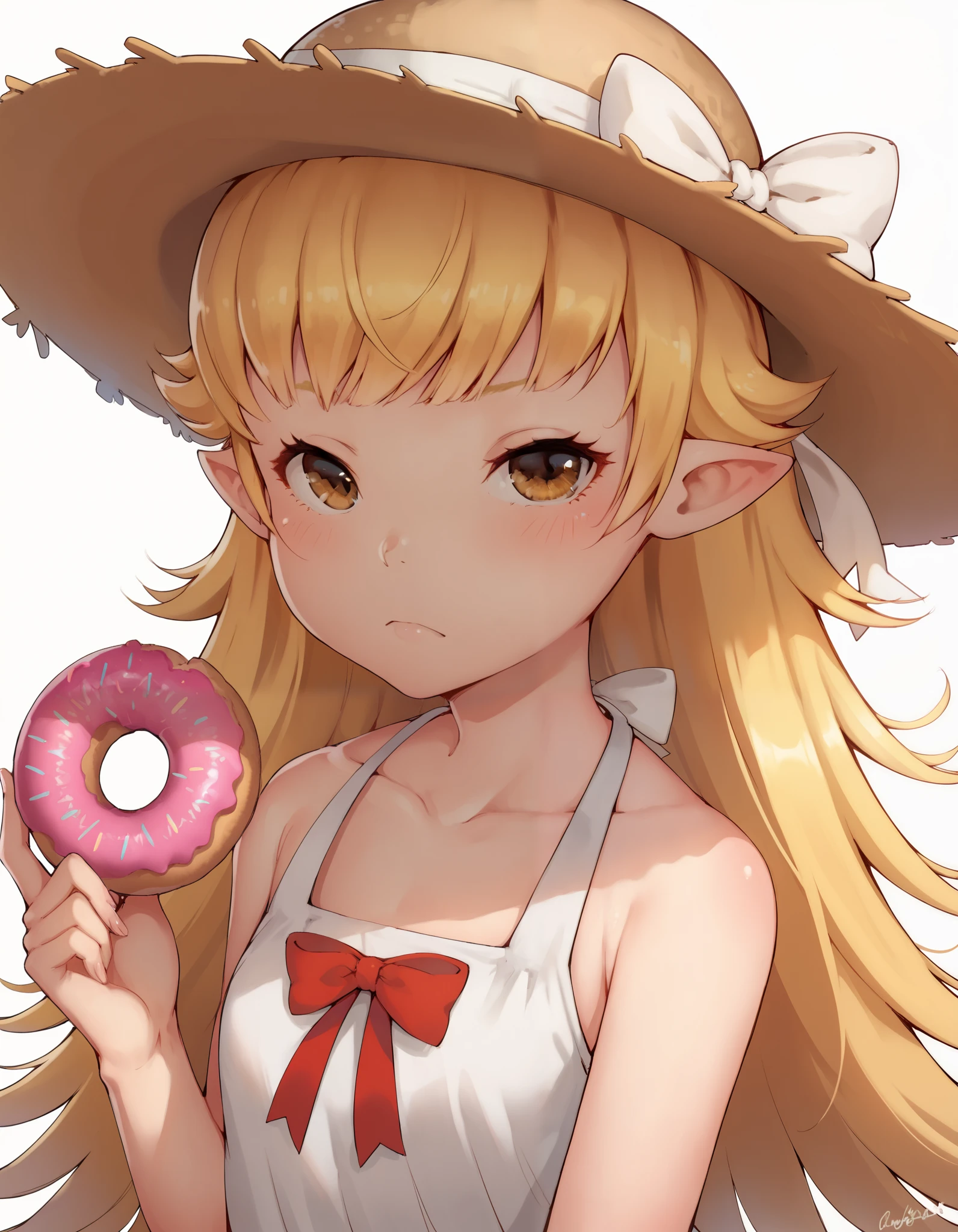 score_9, score_8_up, score_7_up, hideousbeing, solo,
hideousbeingStyle, 1girl,  bare shoulders, blonde hair, blush, bow, brown eyes, closed mouth, collarbone, doughnut, dress, , hat, hat bow, hat ornament, long hair, looking at viewer, monogatari (series), oshino shinobu, pointy ears, red bow, sleeveless, sleeveless dress, straw hat, sun hat, sundress,  white bow, white dress