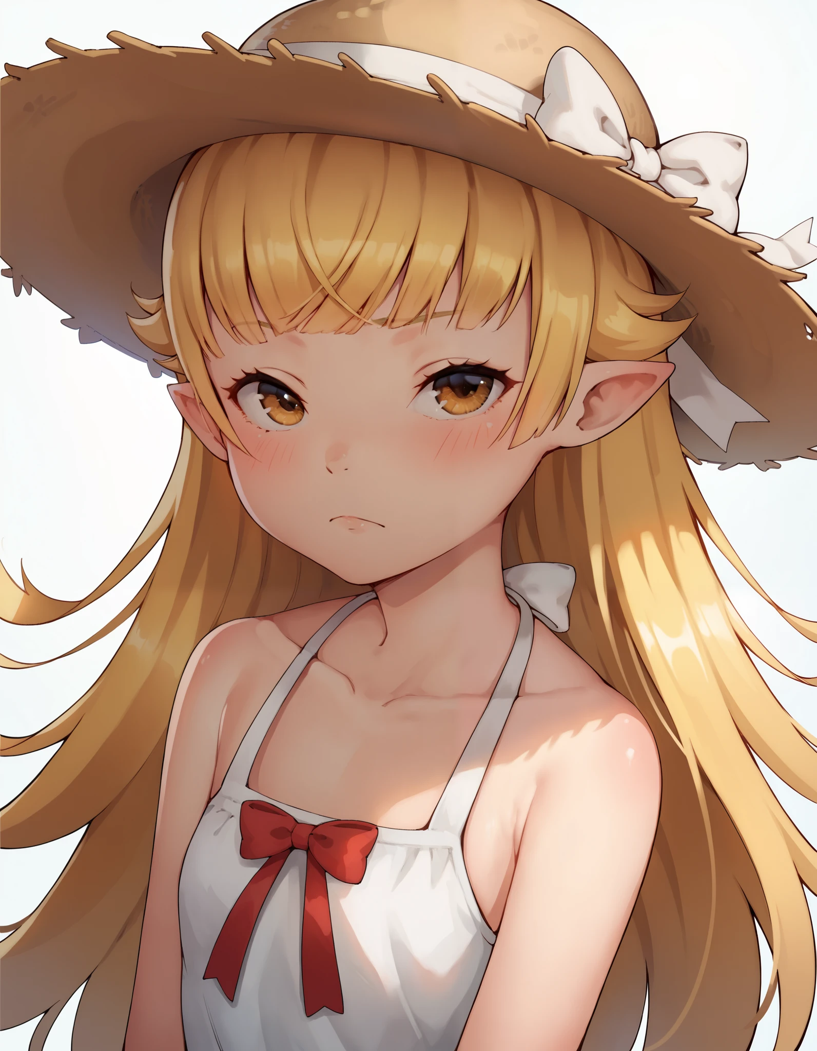 score_9, score_8_up, score_7_up, hideousbeing, solo,
hideousbeingStyle, 1girl,  bare shoulders, blonde hair, blush, bow, brown eyes, closed mouth, collarbone, dress, hat, hat bow, hat ornament, long hair, looking at viewer, monogatari (series), oshino shinobu, pointy ears, red bow, sleeveless, sleeveless dress, straw hat, sun hat, sundress,  white bow, white dress
