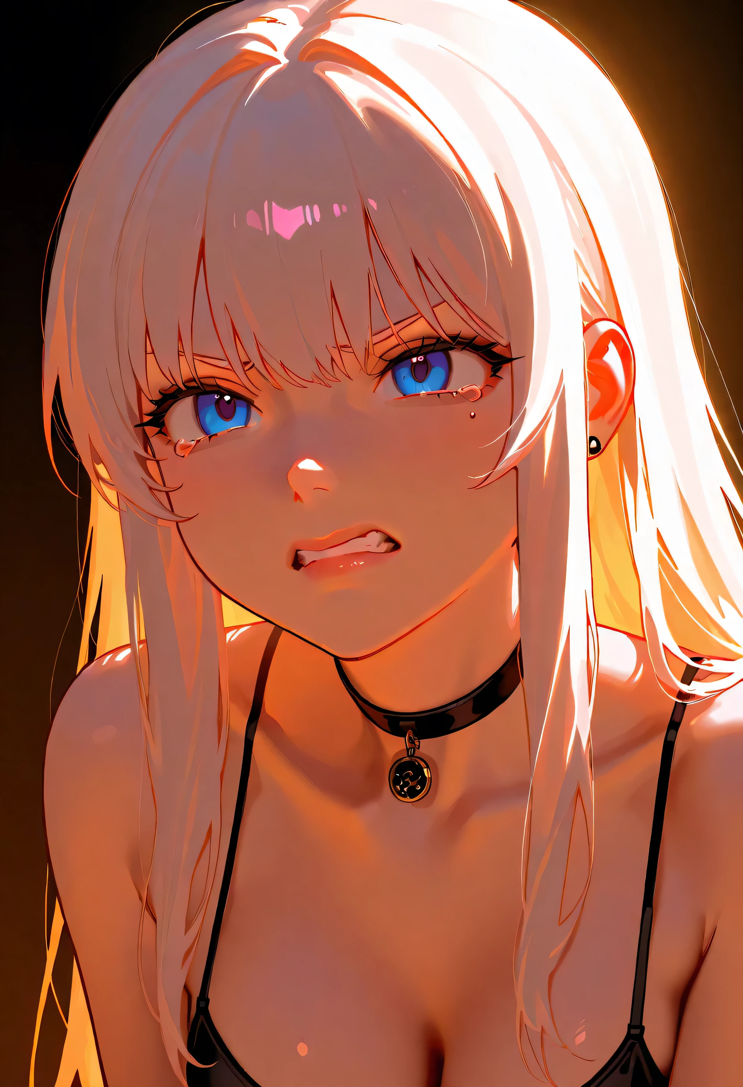 A highly expressive digital painting of a young woman with long, flowing white hair, styled messily. Her face is filled with raw emotion, tears streaming down her cheeks as she cries out in pain, frustration, or sorrow. Her piercing blue eyes are red and watery, her eyebrows furrowed, and her lips slightly open, revealing clenched teeth. She wears a black choker and a dark outfit that contrasts with her pale complexion. The background is dark and minimalistic, emphasizing the intensity of her emotions. The art style is semi-realistic with loose, painterly brushstrokes, dramatic lighting, and rich textures that bring out the depth of her feelings.